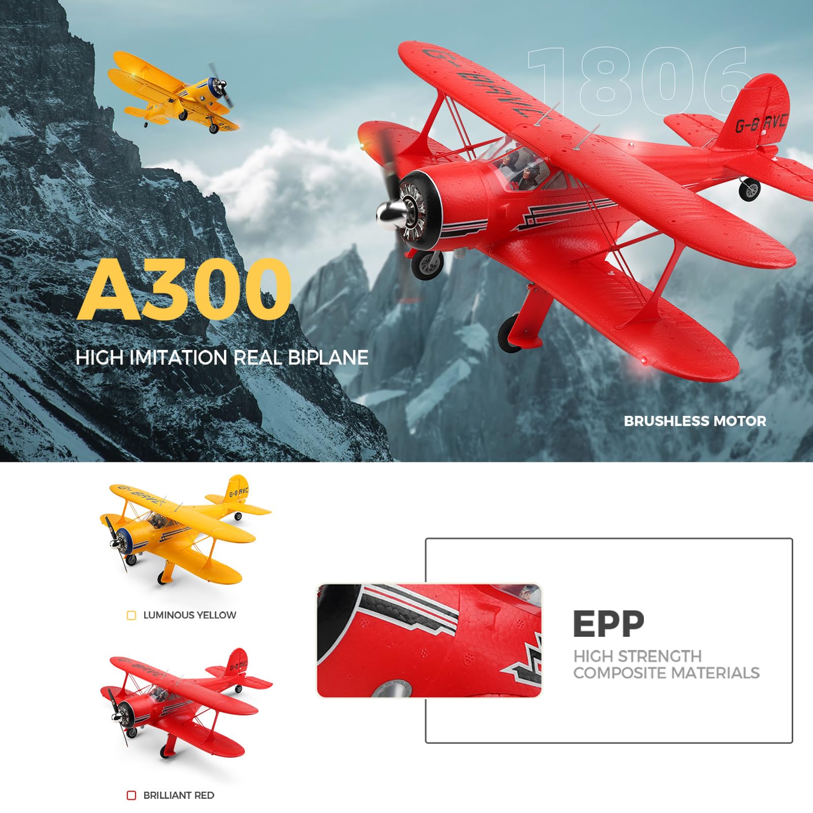 GoolRC XK A300 4CH Brushless RC Airplane - 2.4GHz Remote Control Aircraft with 3D/6G Flight Modes, Easy to Fly for Beginners & Adults, Durable Yellow Fighter Plane | Perfect for Outdoor Flying, Aerial Photography & RC Hobby Training