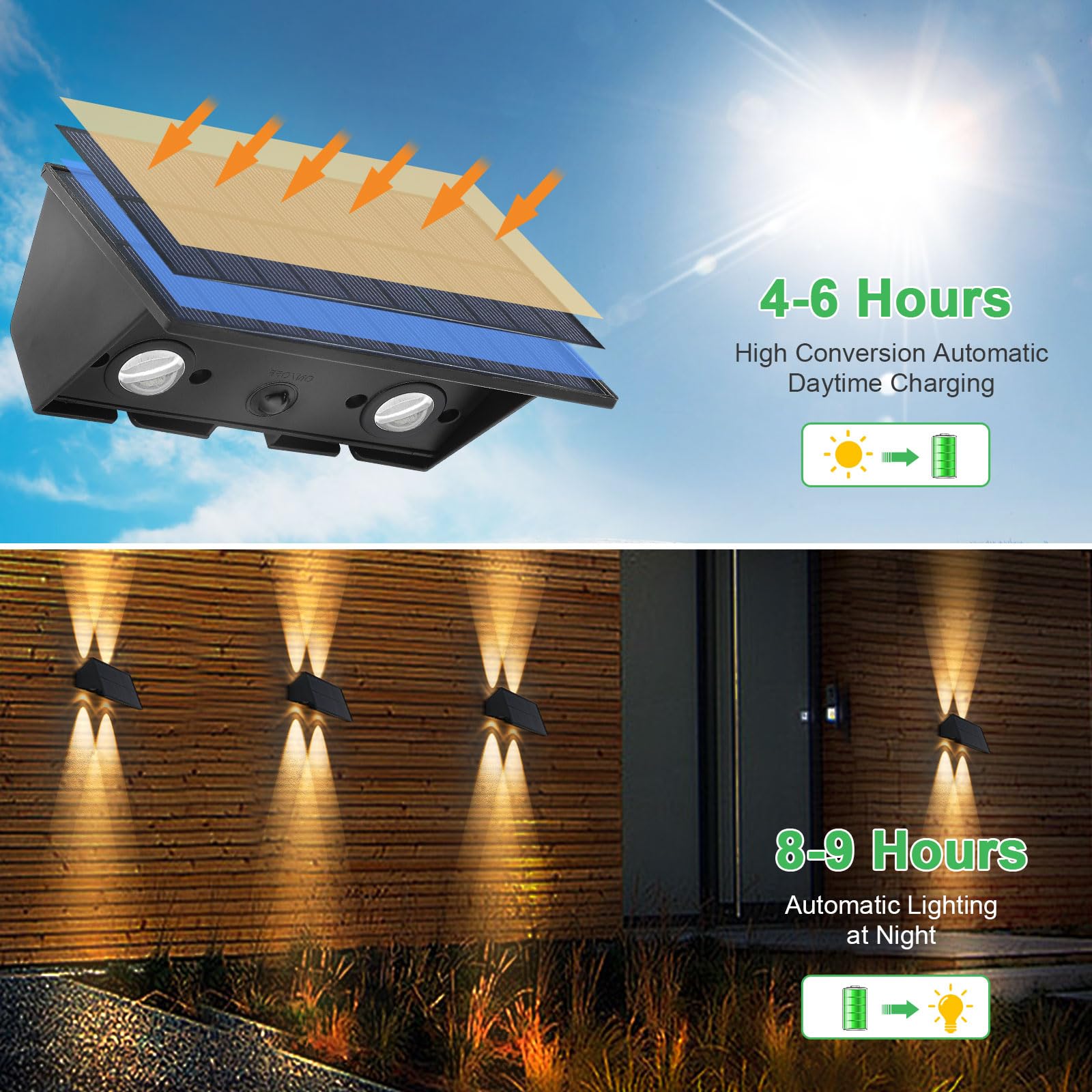 Solar Powered Outdoor Wall Lights Up and Down 4 Pack - 4 LED Waterproof Exterior Wall Sconces with IP65 Rating - Warm White Lighting for Yard, Garden, Garage, Pool & Deck - Perfect for Pathway, Patio, Porch and Landscape Illumination