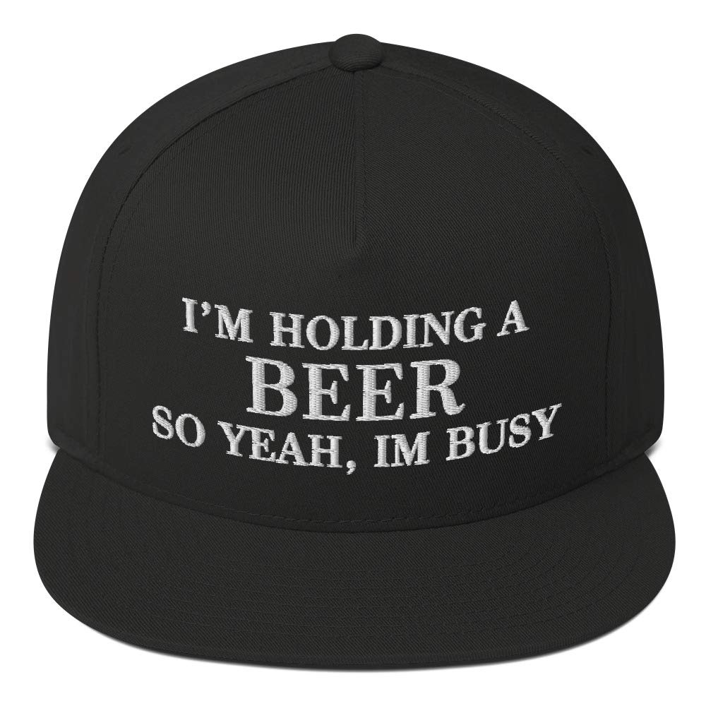 Funny Embroidered Flat Bill Snapback Cap - 'I'm Holding a Beer So Yeah, I'm Busy' Alcohol Humor Hat for Men & Women | Perfect for Parties, Bars, and Casual Outings