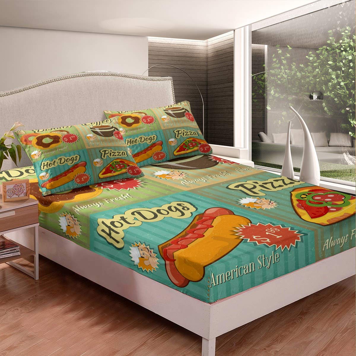 Kids Food Themed Bedding Set - Donut, Pizza, Hot Dog & Coffee Print TwinXL Fitted Sheet & Bed Cover - Retro Stripe Style for Boys Girls Teens - Perfect for Bedroom Decor & Fun Sleepovers (2-Piece Set)