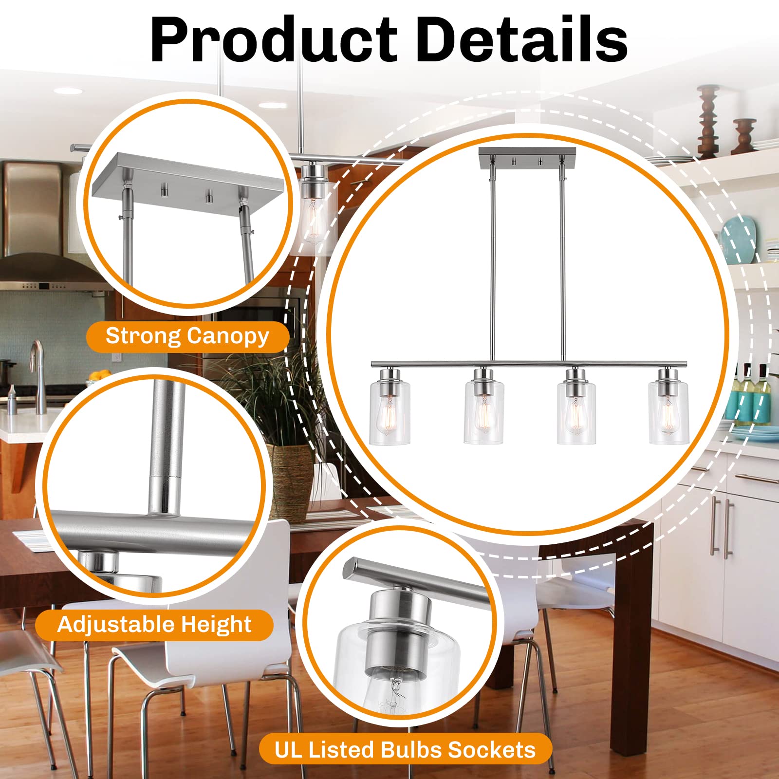Farmhouse 4-Light Pendant Lighting for Kitchen Island - Brushed Nickel with Clear Glass Shade - Perfect for Dining Room, Living Room & Kitchen Island Lighting Decor