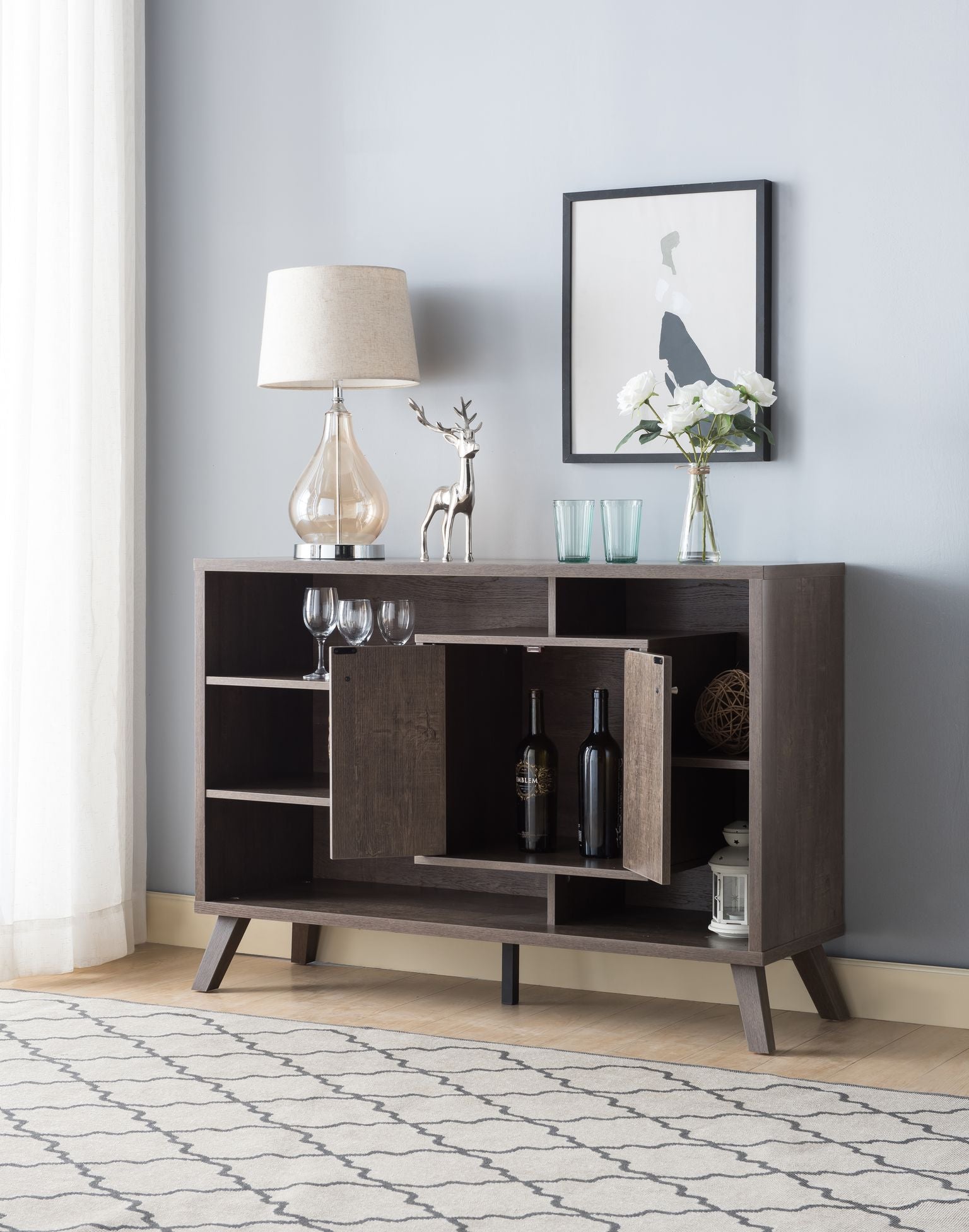 Premium Walnut Oak Buffet Server - Elegant Dining Room Furniture for Entertaining & Serving Guests