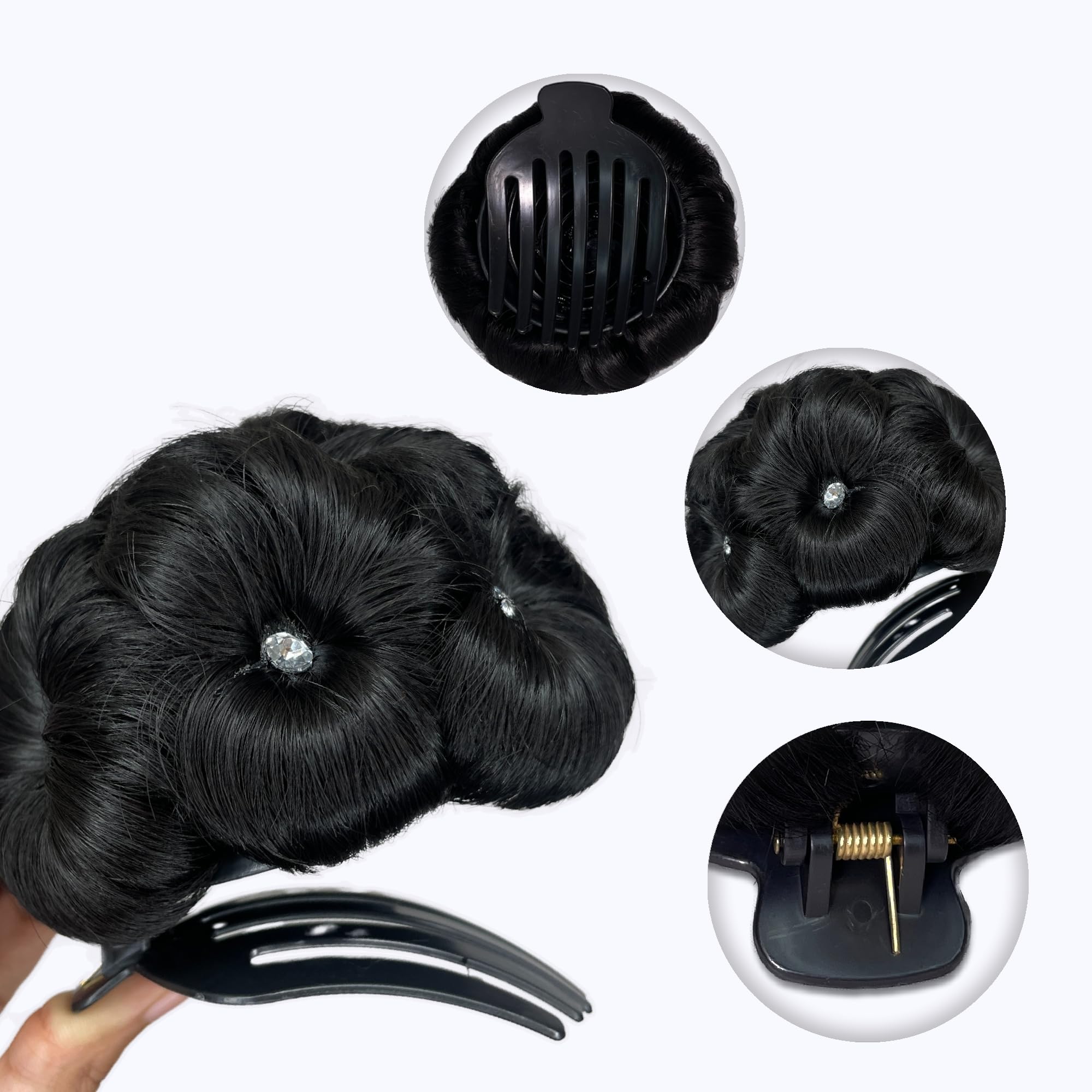 El Cabell Synthetic Natural Black Hair Extension Clutch with White Stone Juda for Women & Girls - Small Size | Perfect for Parties, Weddings & Daily Styling