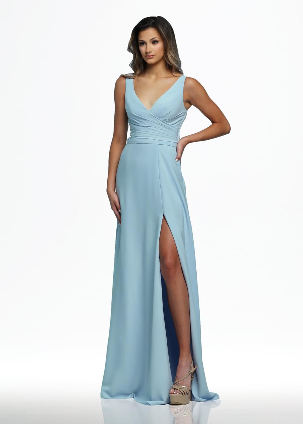 Elegant 80108 Sheath Stretch Chiffon Bridesmaid Dress with V-Neck & High Slit - Perfect for Weddings, Formal Events & Special Occasions