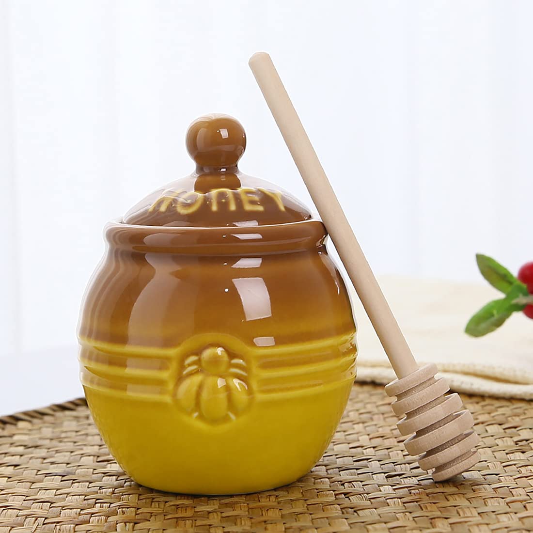 Premium Ceramic Honey Jar with Wooden Dipper - Farmhouse Style Honey Pot Set with Stand - Natural Bee Decor for Kitchen & Dining - Perfect for Tea, Toast & Gift Giving (Brown)
