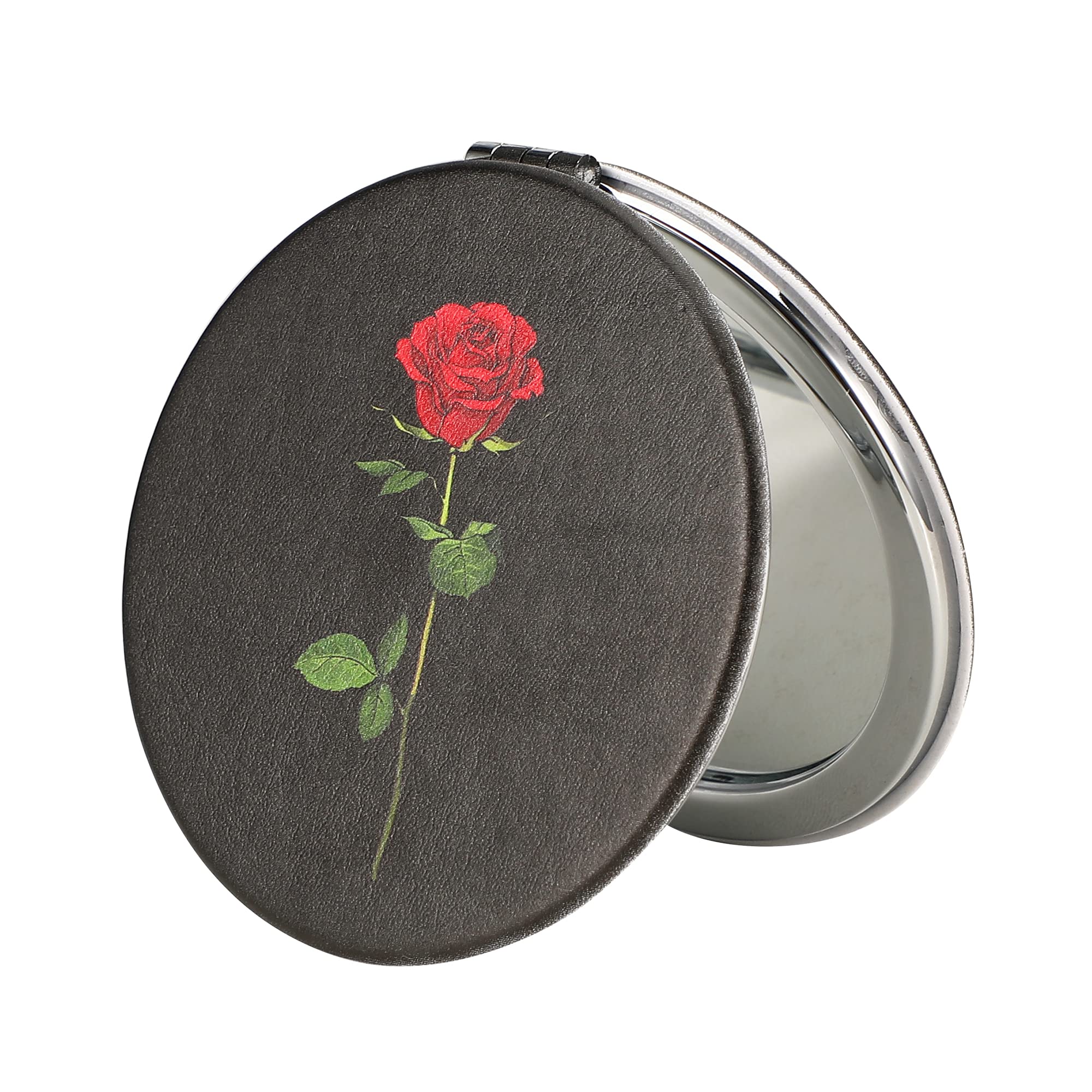 Dynippy Compact Mirror Double-Sided 1X/2X Magnifying - Rose Flower Design 2.75 Inch Round Makeup Mirror - Portable Pu Leather Hand Mirror for Purse, Travel, and On-the-Go Touch Ups