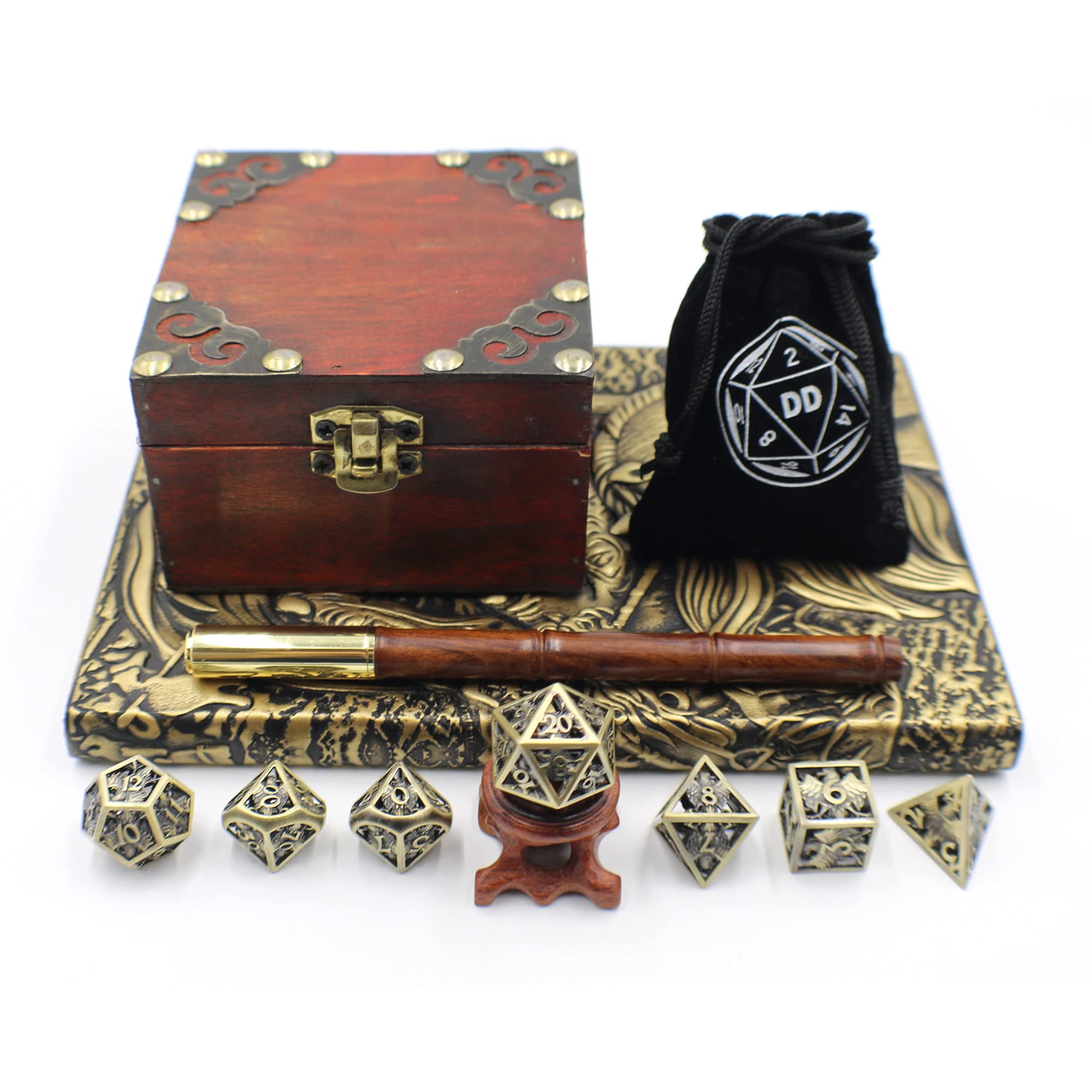 Premium Hollow Brass Dice Set with Journal & Wooden Pen Gift Box - Bronze & Silver Finish - Perfect for Tabletop RPG Games, D&D Accessories & Unique Gifts for Gamers