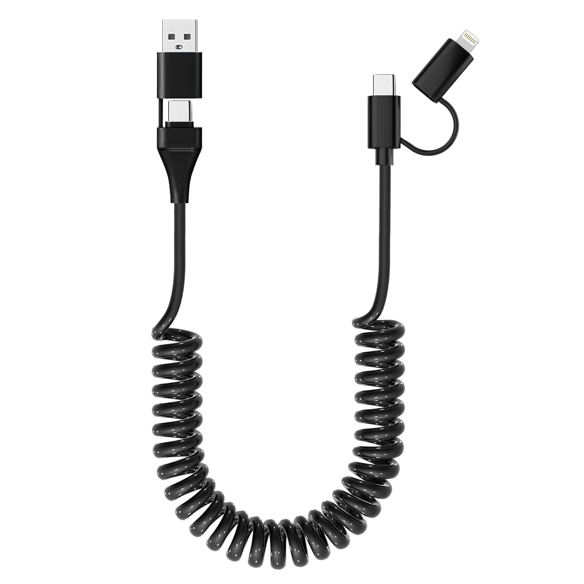 4-in-1 USB C & Lightning Charging Cable 60W PD Fast Charge with MFi Certification - Short Coiled Cable for iPhone 15/14, Android, iPad, Laptop - Supports CarPlay & Android Auto - Perfect for Car, Home & Office Charging