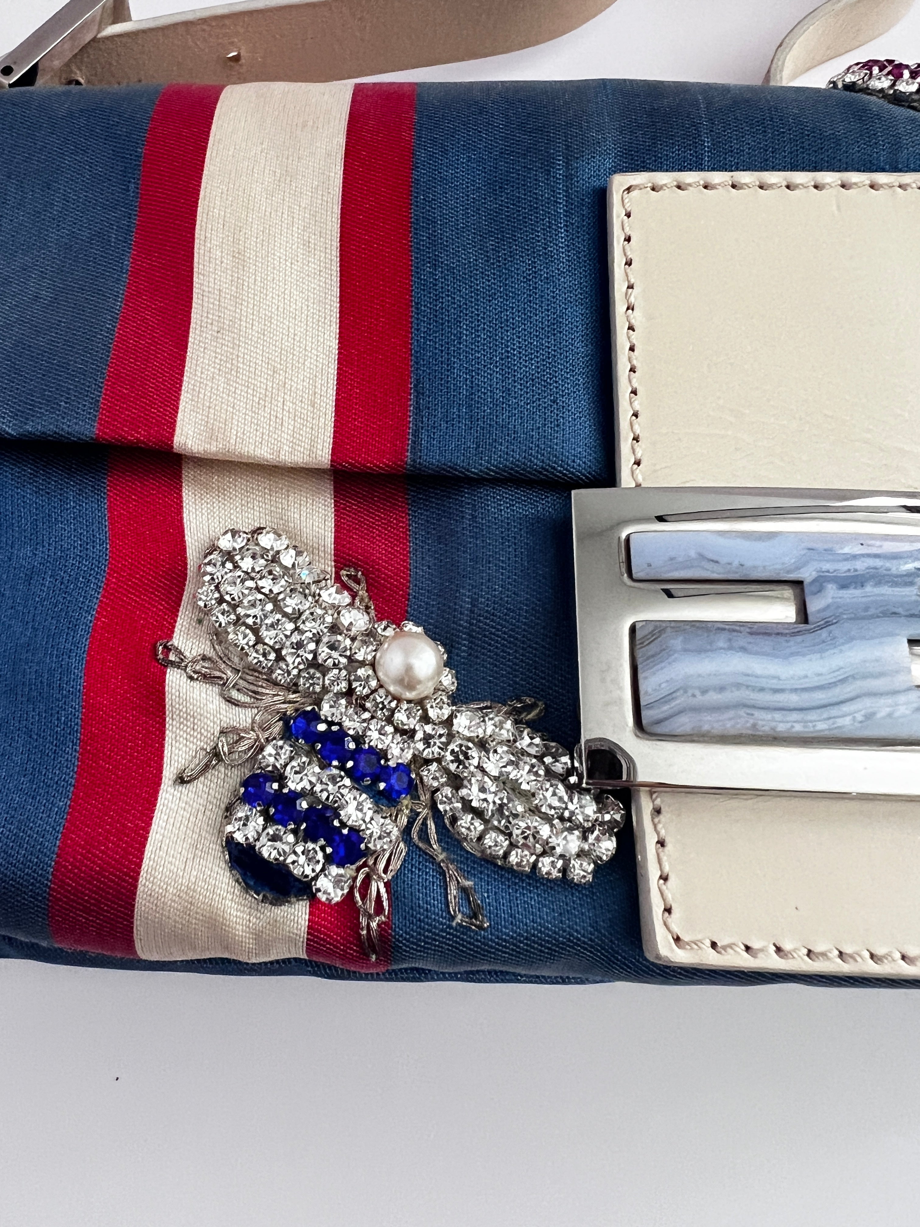 Vintage Fendi Striped Baguette Bag with Insect Motif - Stylish Crossbody Purse for Women, Perfect for Parties, Dates & Everyday Fashion