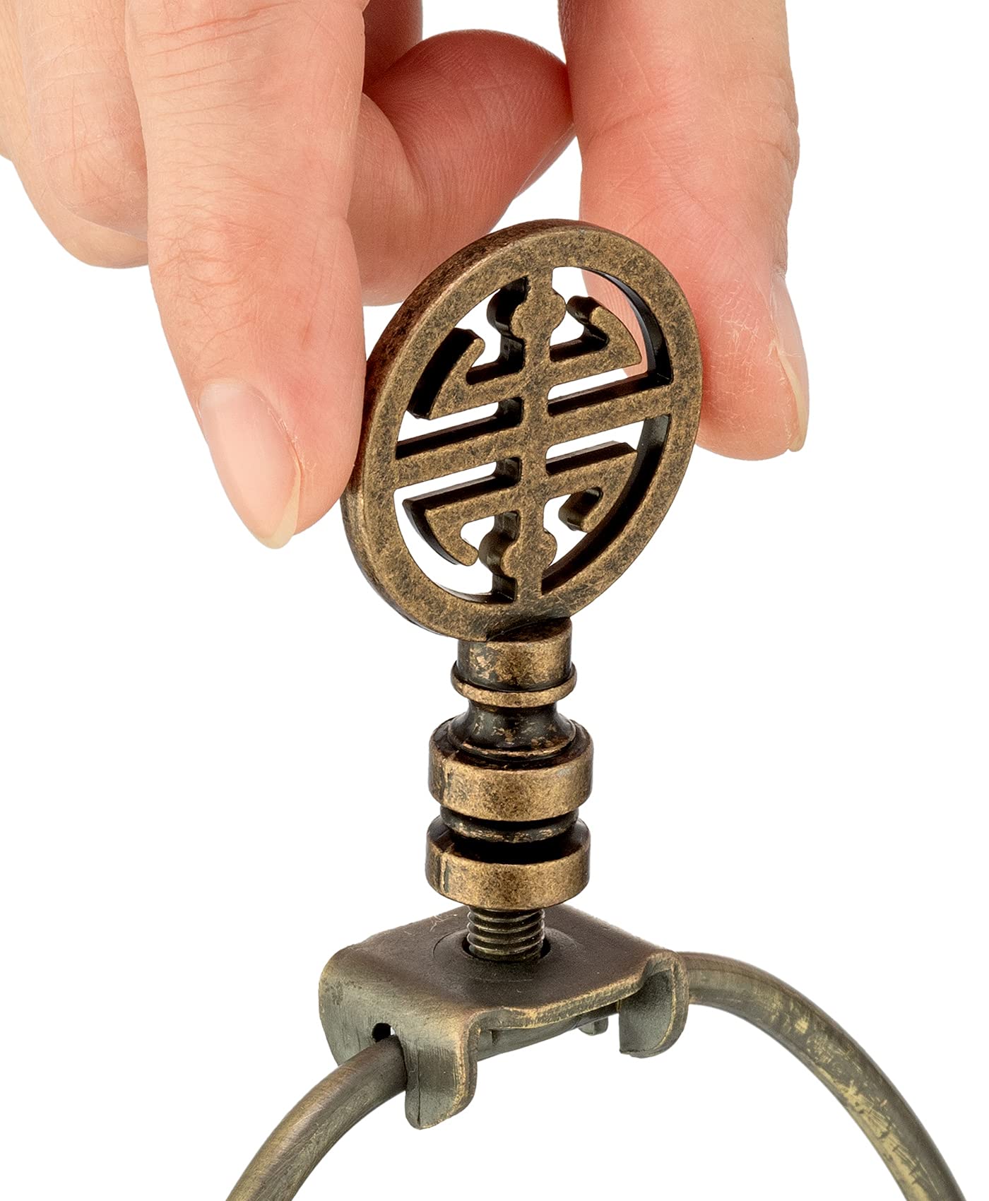 Antique Brass Oriental Lamp Finial - Solid Metal Screw Cap Knob for Lamp Shade Top - Decorative Accent for Table & Floor Lamps - Lucky Happiness Symbol (2-Pack) - Perfect for Home Decor, Living Room Lighting & Feng Shui Arrangements