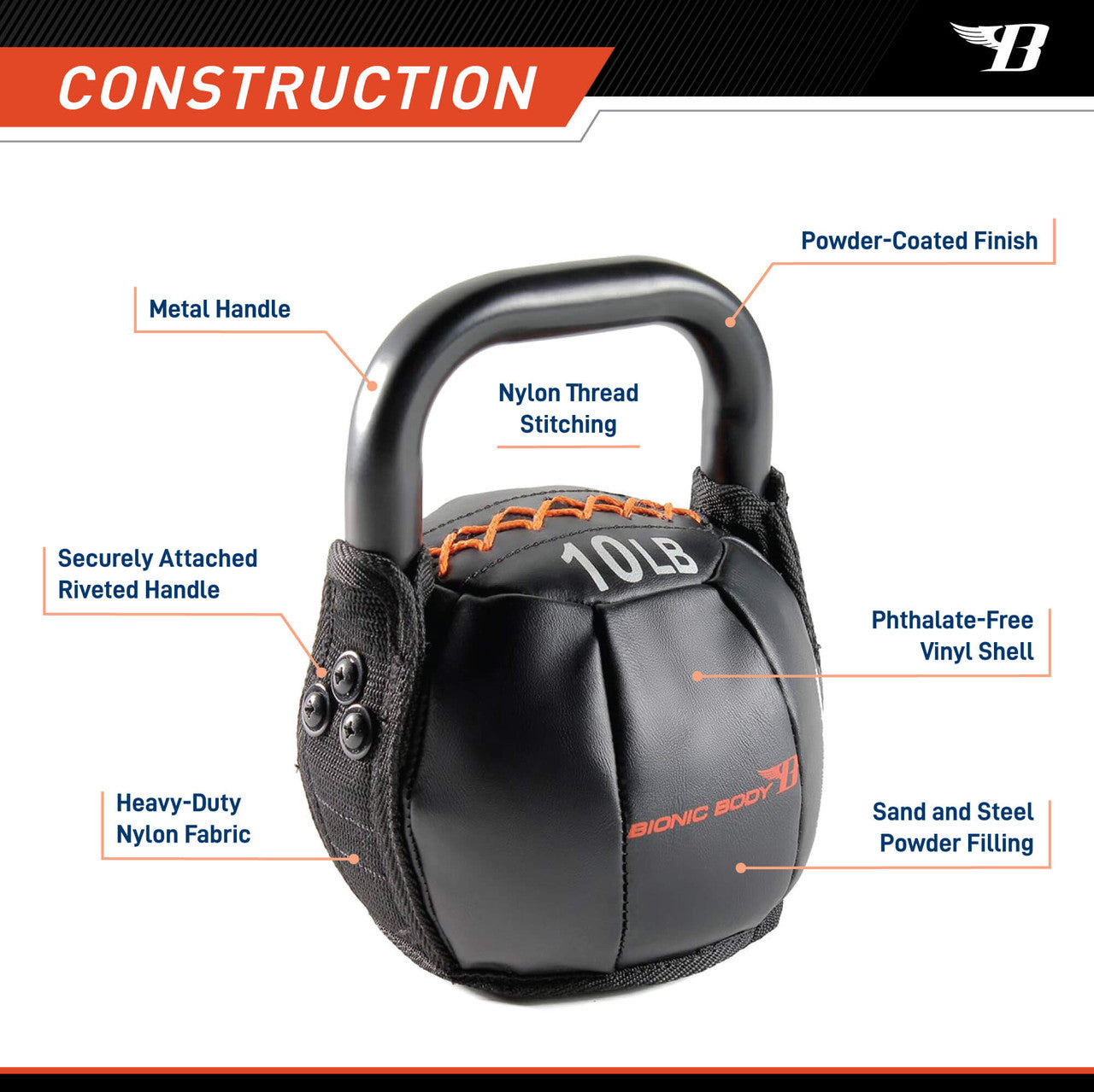 10lb Soft Kettlebell - Bionic Body BBKB 10 Retired | Home Gym Equipment for Strength Training & Fitness Workouts