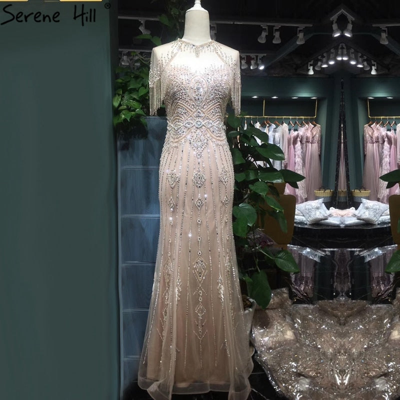Elegant Grey Mermaid Evening Gown with Beaded Tassel Details - O-Neck Short Sleeve Dubai Style Party Dress for Women | Perfect for Weddings, Galas & Formal Events 2025 LA70646