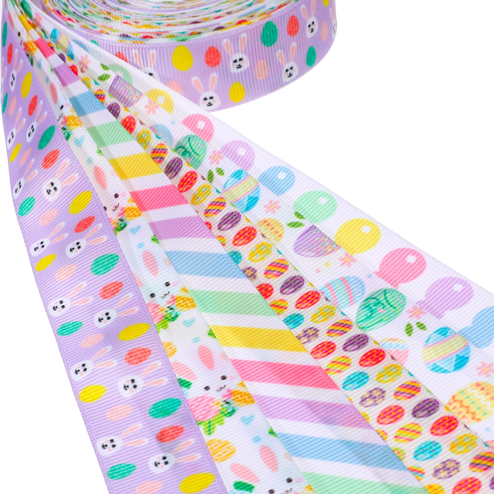 6 Rolls 12 Yards Easter Grosgrain Ribbon - Egg Bunny Floral Pattern for Spring Gift Wrapping, DIY Crafts, Hair Bows, Wreaths & Home Decor - Perfect for Easter Party Favors, Bouquets and Seasonal Decorations