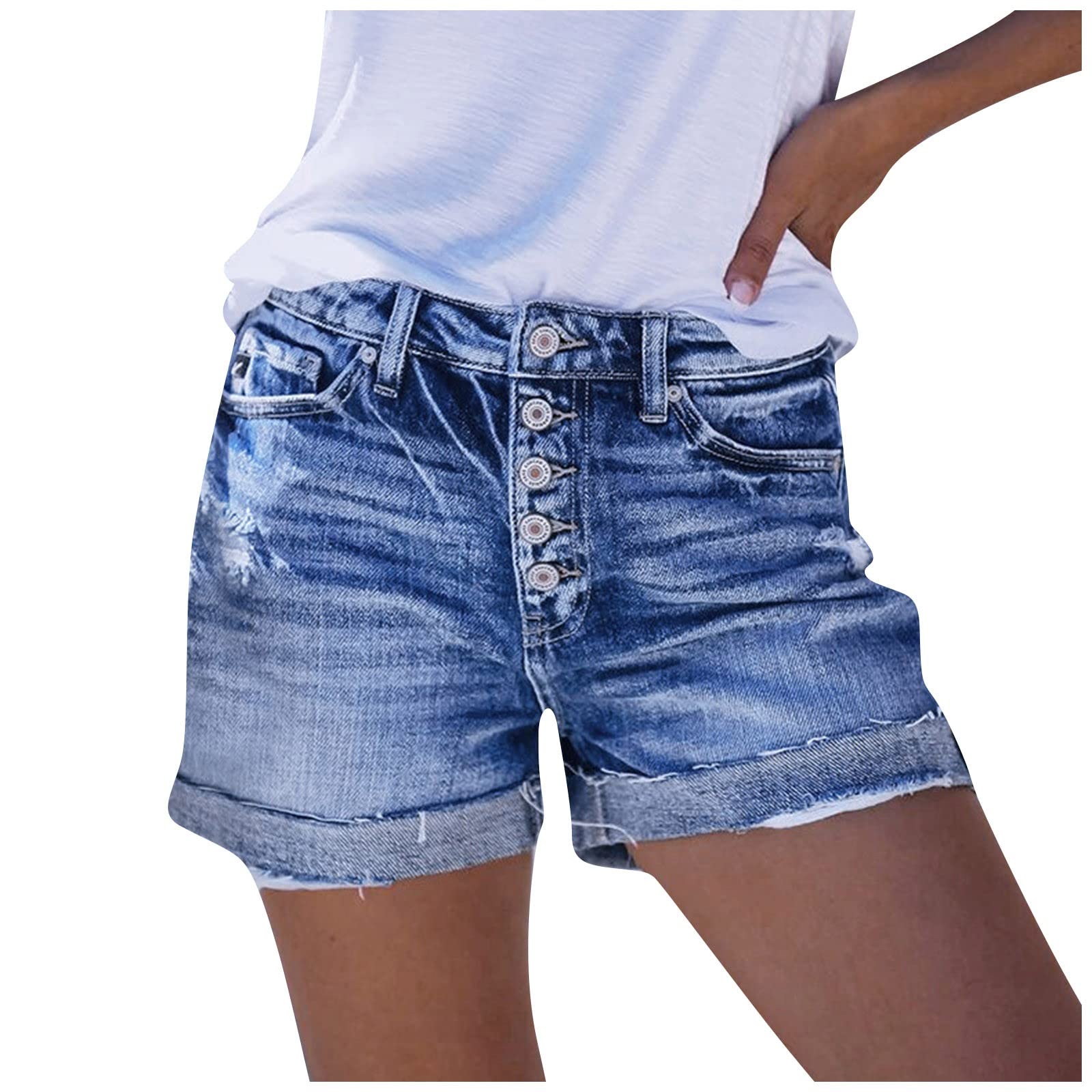 Women's Stretchy High Waisted Ripped Denim Shorts - Cuffed Hem Distressed Jean Shorts for Summer | Perfect for Beach, Music Festivals & Casual Outfits