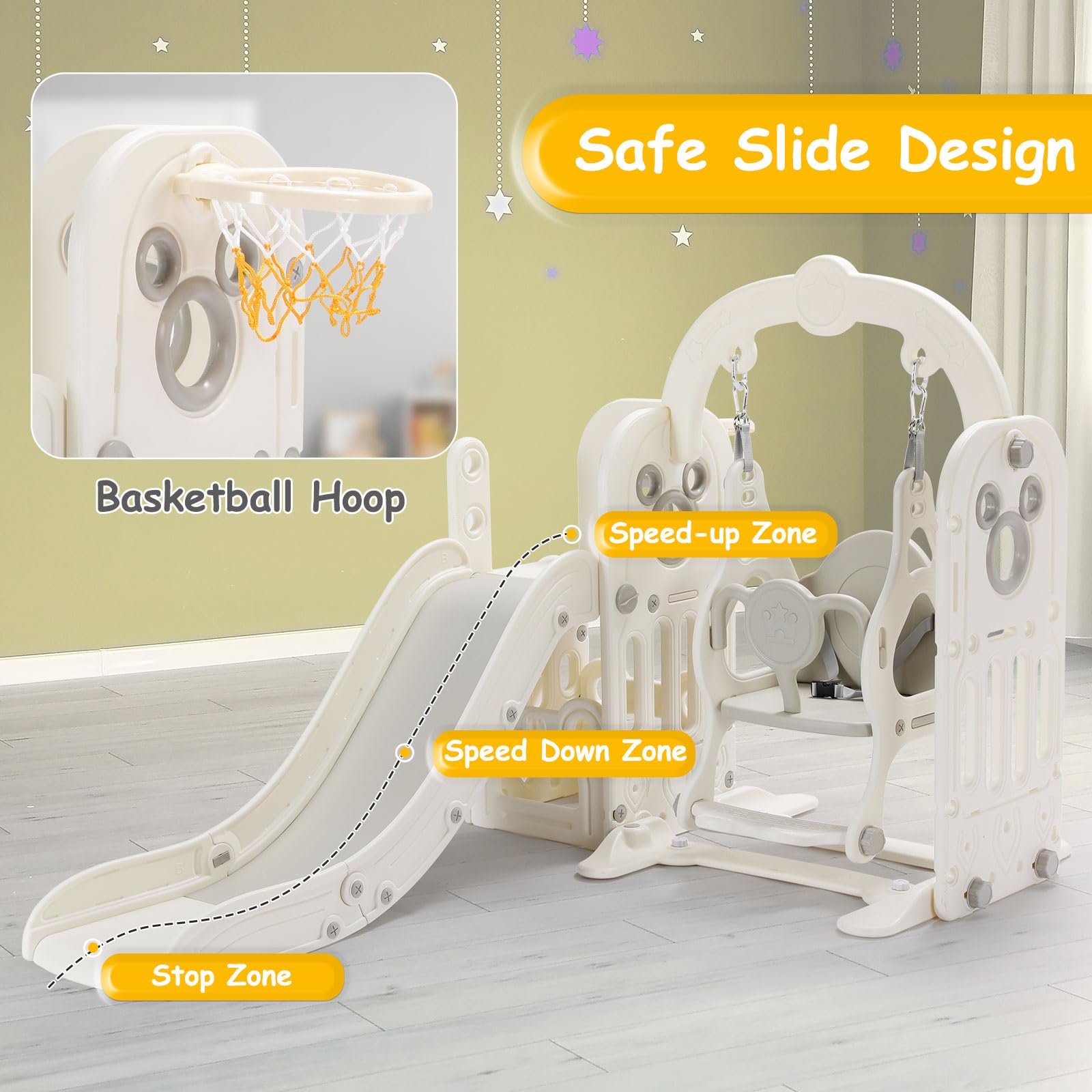 MAMIZO 6-in-1 Toddler Slide and Swing Set for Kids - Indoor/Outdoor Playground with Climber, Basketball Hoop, Storage & Reinforced Suction Cups - Perfect for Backyard, Playroom or Daycare Fun (White)