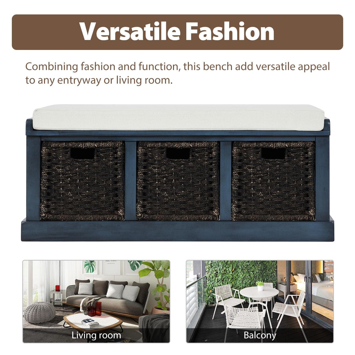 JINS&VICO Entryway Storage Bench with 3 Rattan Baskets & Removable Cushion - Multifunctional Shoe Bench & Footrest in Antique Blue - Perfect for Hallway, Living Room & Bedroom Organization