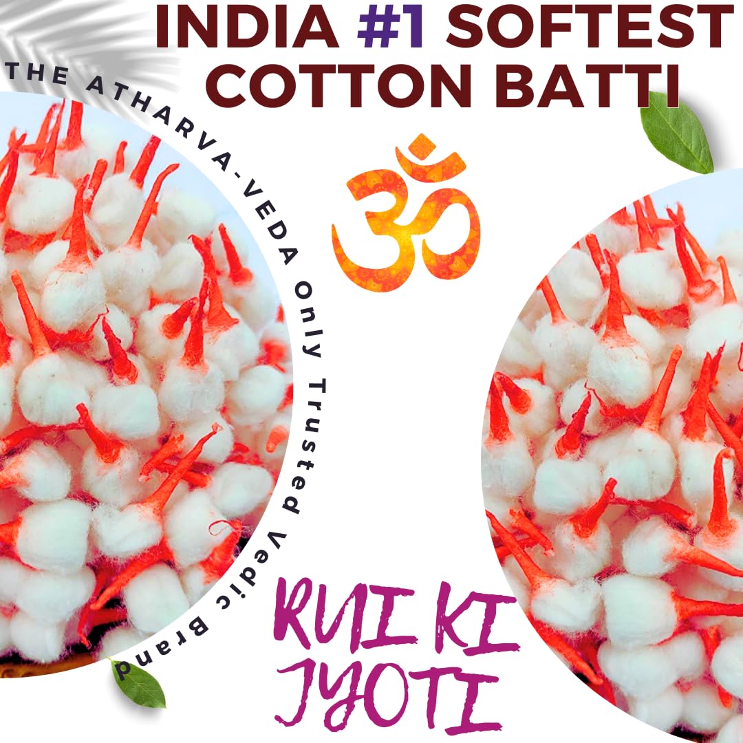 Premium 1200+ Pcs Atharva-Veda Cotton Wicks for Pooja - Softest Rui Batti for Diya & Puja Rituals | Kesar Scented Round Cotton Wicks with Herbal Fragrance - Perfect for Hindu Ceremonies, Temple Worship & Home Blessings