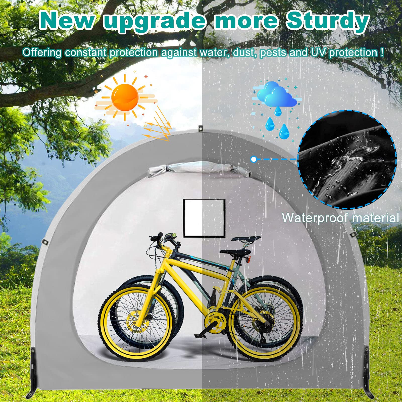 Waterproof Bike Storage Tent Cover - Portable Outdoor Bicycle Shelter with Snowflake Tool & Lock for 2 Bikes/Tricycle/Gardening Tools (Silver Gray) - Perfect for Garage, Backyard & Camping Protection