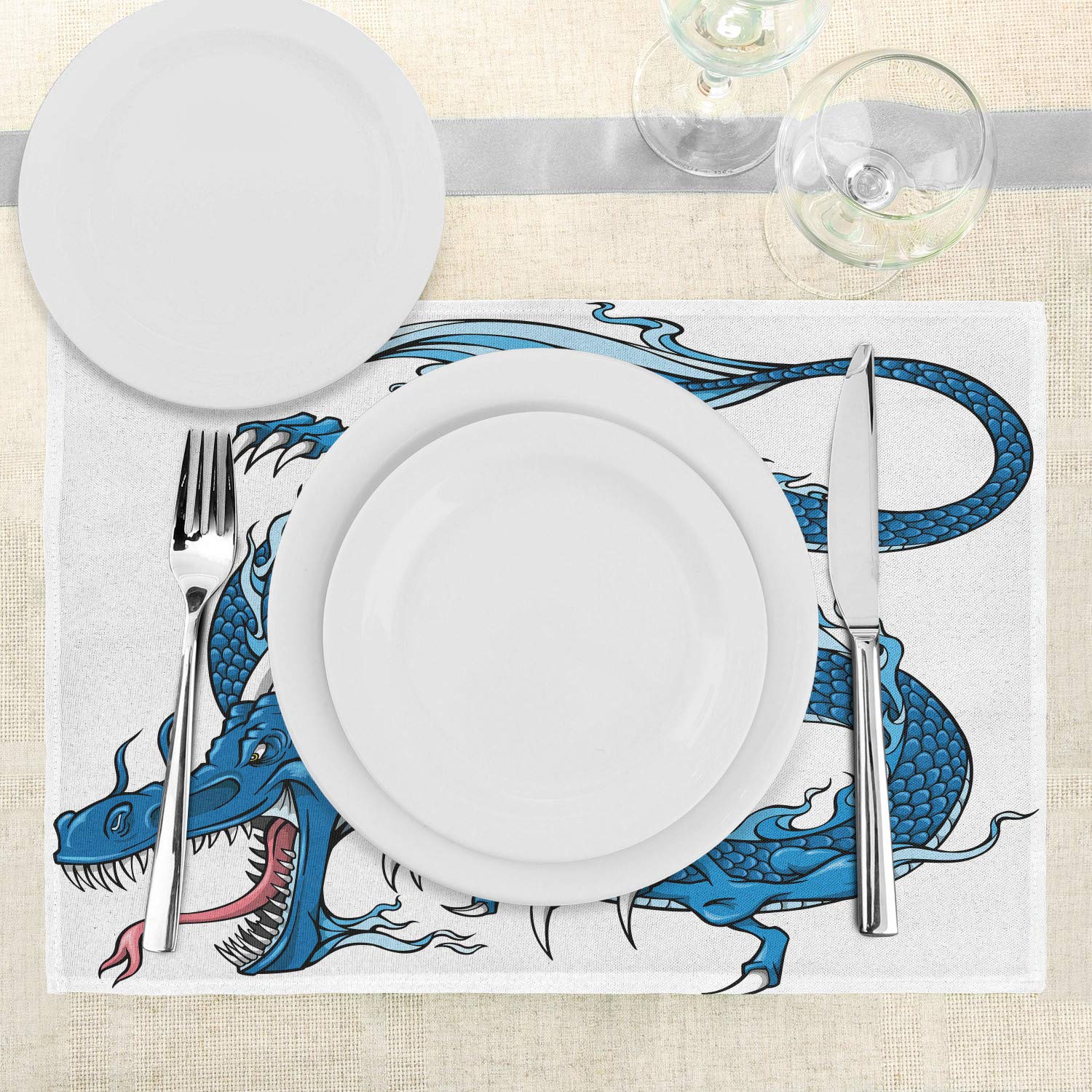 Ambesonne Fantasy Dragon Place Mats Set of 4, Japanese Mythical Creature Folk Art Print, Washable Fabric Table Mats for Dining Room Kitchen Decor in Dark Blue Pale Blue White - Perfect for Themed Parties, Anime Lovers, and Asian-Inspired Home Decor