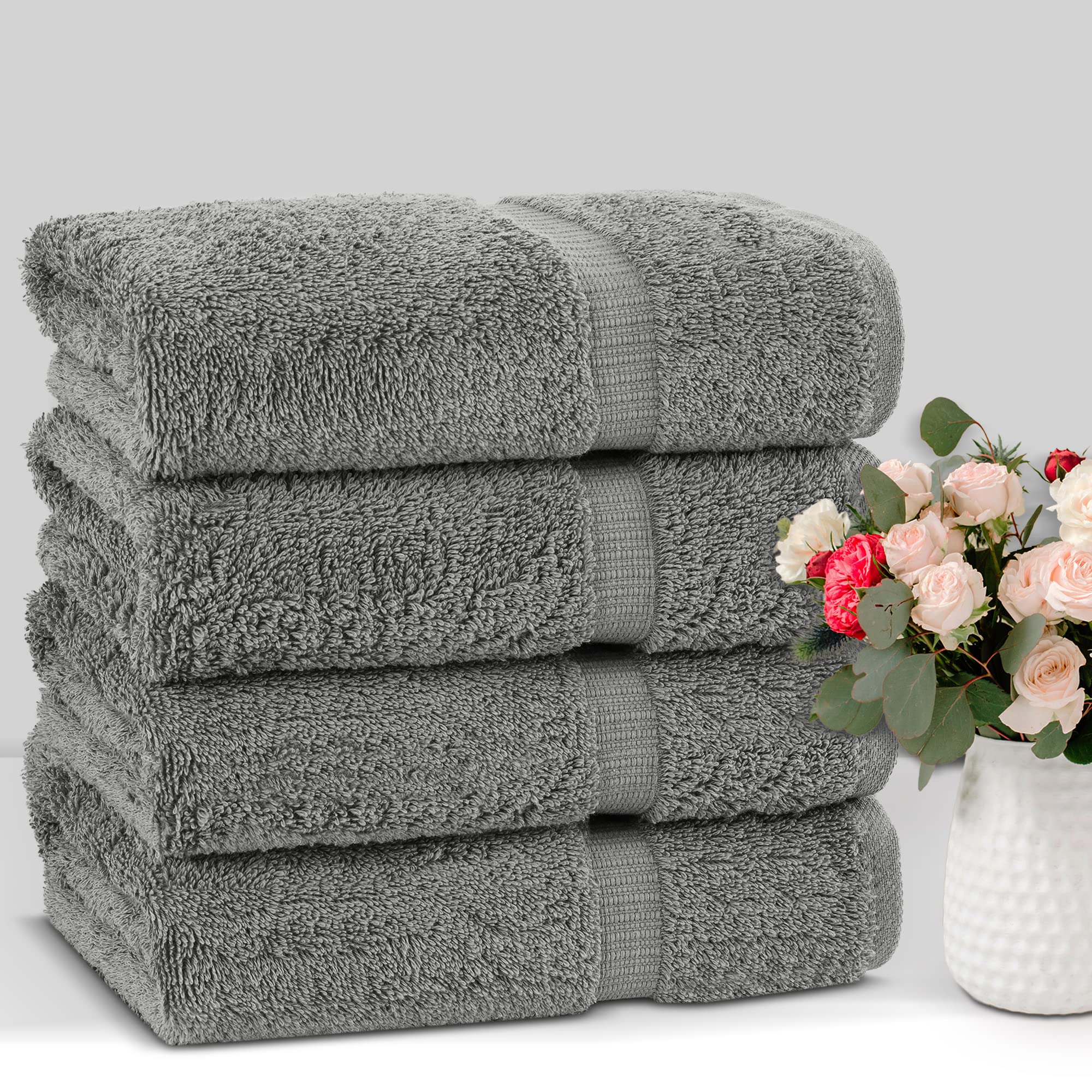 Premium 100% Cotton Turkish Bath Towels Set of 4 - Soft & Absorbent 27x54 Inch Bathroom Towels for Spa, Beach & Luxury Home Use (Gray)