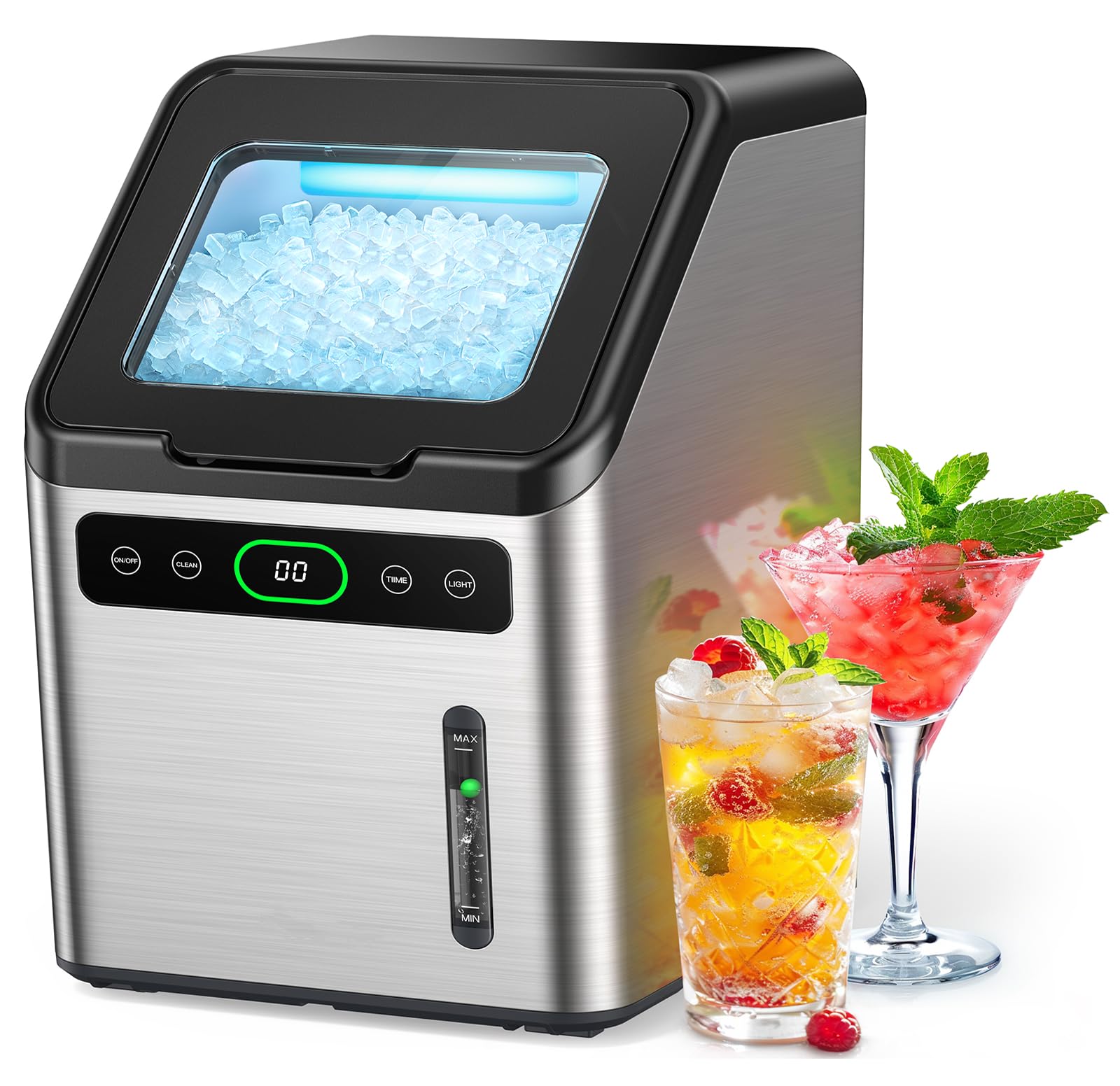 Totnz Countertop Nugget Ice Maker - 44lbs/Day, Self-Cleaning, Timer, Stainless Steel - Soft Chewable Pebble Ice for Home, Kitchen, Office, Bar & Parties | Perfect for Cocktails, Sodas & Beverage Dispensers