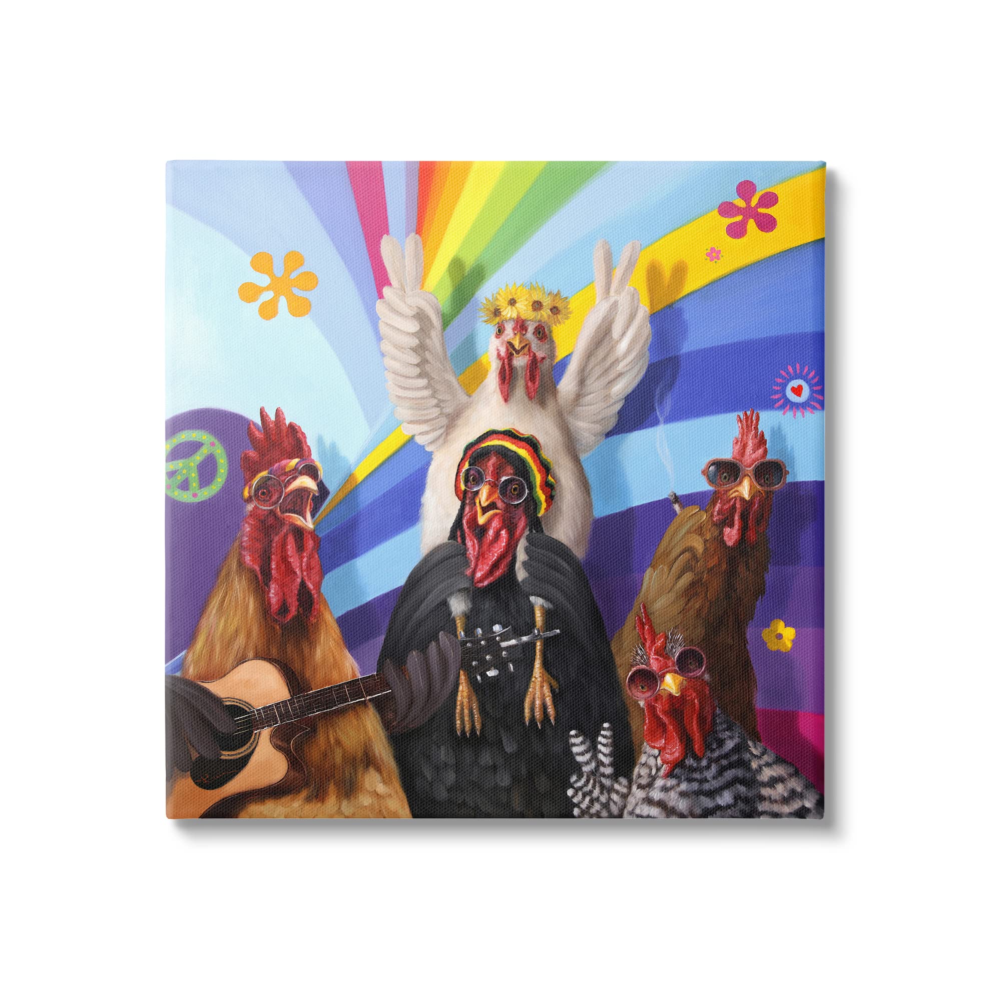 Stupell Industries Hippy Chicken Birds Singing Guitar Instrument Smoking Rainbows Wall Art - Whimsical Animal Music Painting by Lucia Heffernan - Perfect for Bohemian Home Decor, Living Room & Bedroom