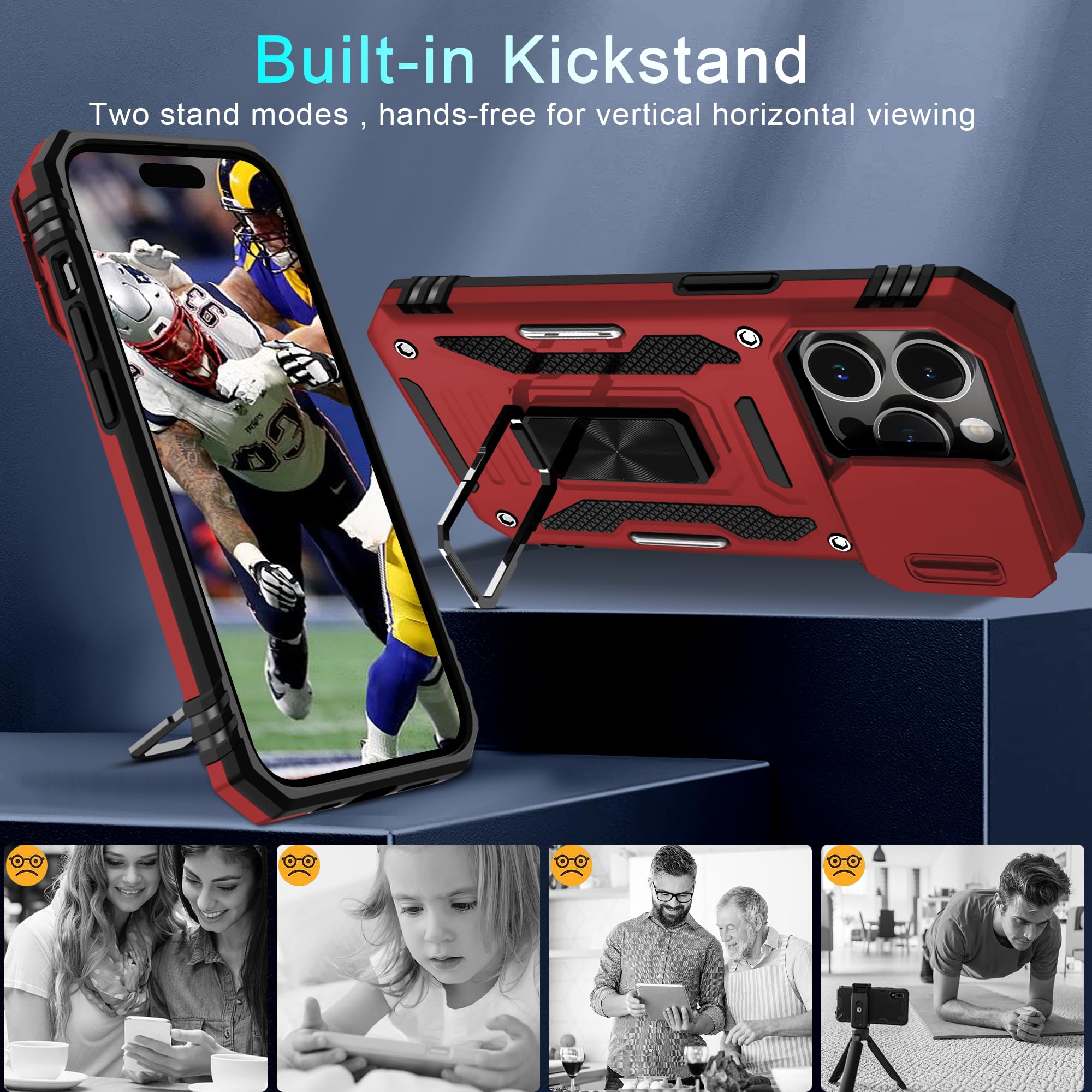 DEERLAMN iPhone 15 Pro Case with Slide Camera Cover & Screen Protector (6.1 Inch) - Military Grade Shockproof Protective Cover with Rotating Ring Kickstand - Red | Perfect for Outdoor Activities, Travel & Daily Protection