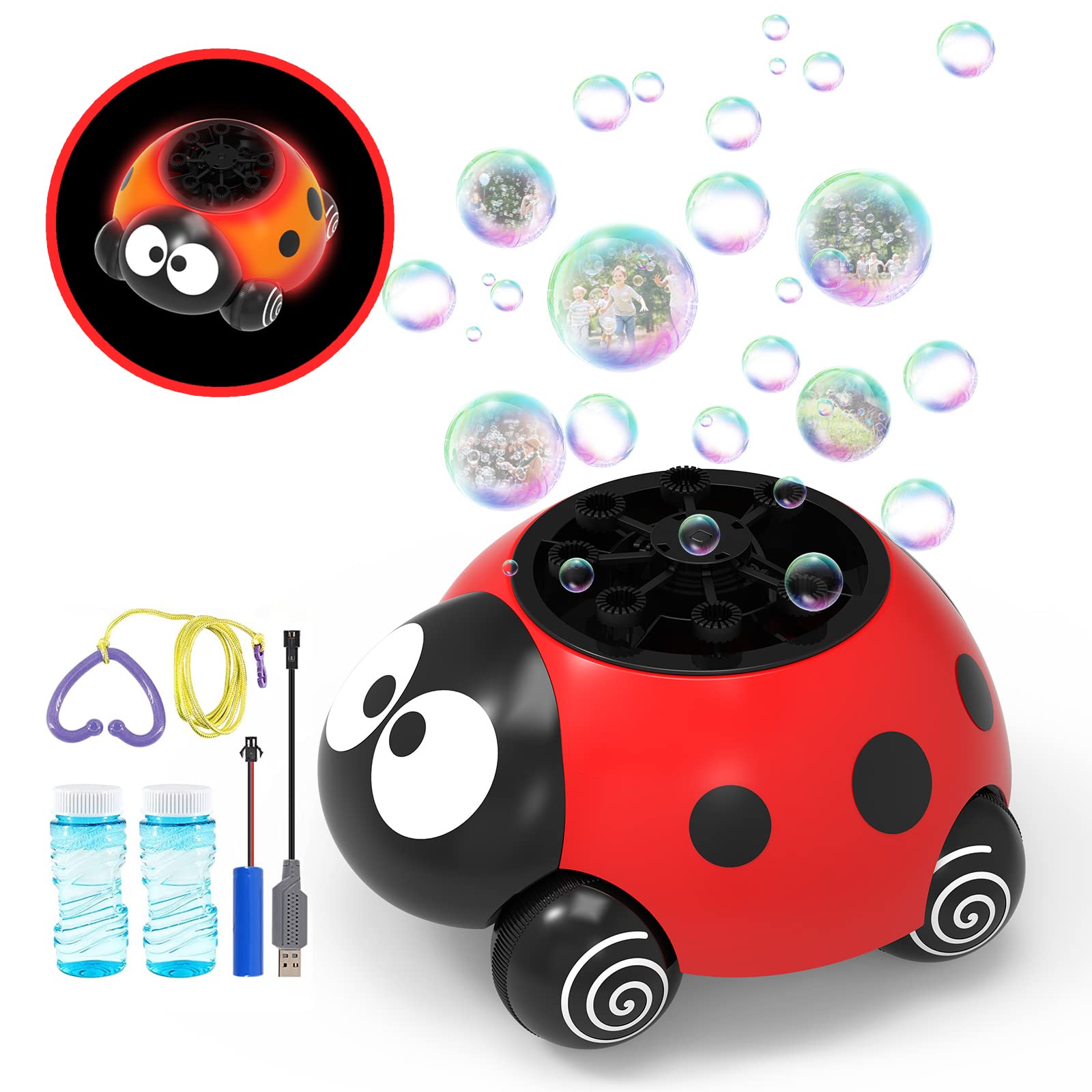 Automatic Ladybug Bubble Blower Machine with LED Lights & Bubble Solution - USB Powered Kids Bubble Maker for Toddlers, Birthday Parties, Outdoor Play & Backyard Fun