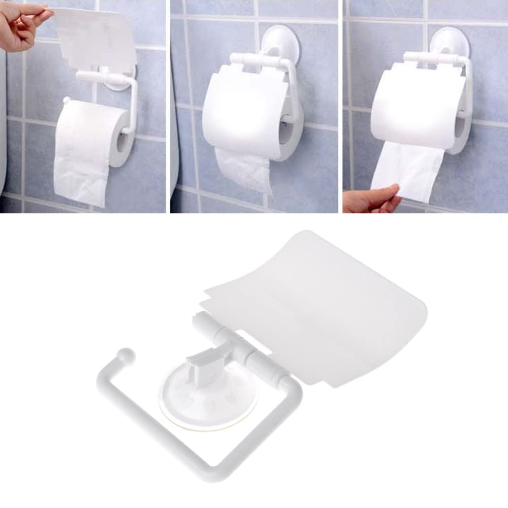 Wall Mounted Plastic Suction Cup Bathroom Toilet Paper Roll Holder with Cover - Space Saving Bath Tissue Dispenser for Home, RV, Office & Dorm - Easy Install No Drill Bath Organizer Accessory