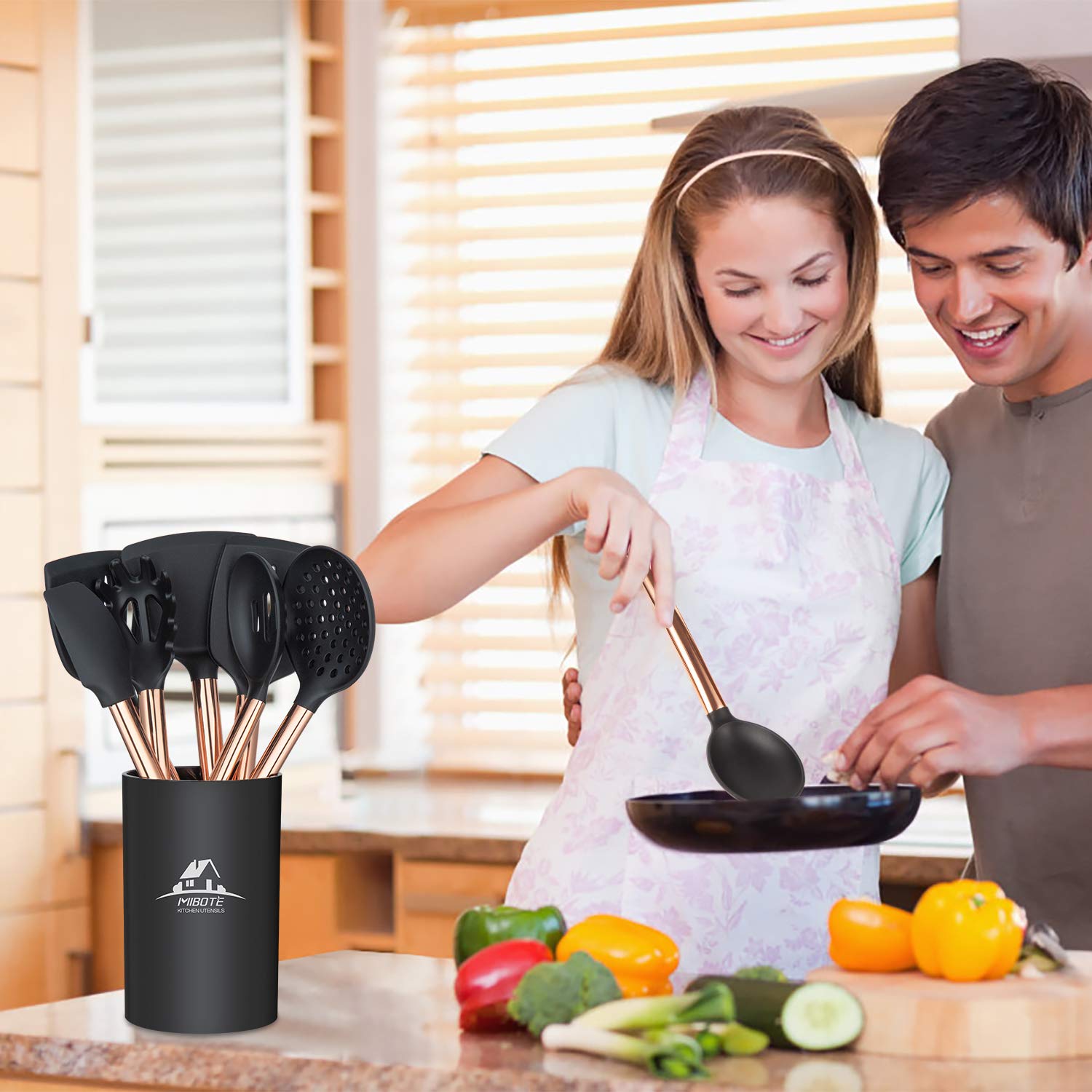14-Piece Silicone Cooking Utensil Set with Holder - Non-Stick, Heat Resistant Kitchen Tools (Gold Black) - BPA Free, Non-Toxic Cookware for Baking, Frying & Everyday Cooking - Includes Turner, Tongs, Spatula & Spoon with Stainless Steel Handles