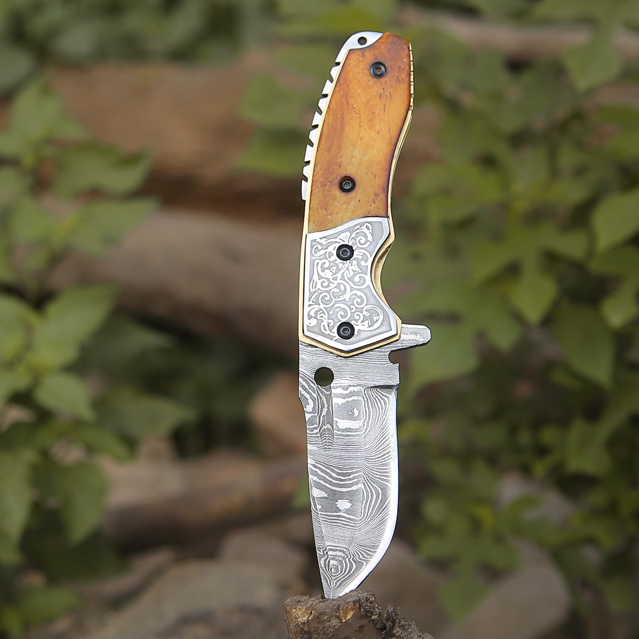 Premium Damascus Steel Pocket Knife with Charred Bone Handle - Tactical EDC, Outdoor Survival, Camping & Hunting Gear