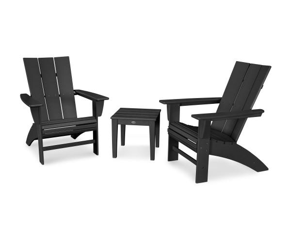 Polywood Black Modern 3-Piece Curveback Adirondack Chair Set - Outdoor Patio Furniture for Garden, Poolside & Backyard Relaxation