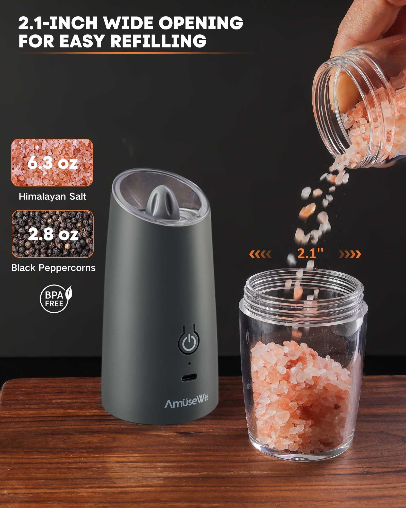 AmuseWit USB Rechargeable Electric Salt and Pepper Grinder Set - Adjustable Coarseness, One-Handed Operation, Cool Gray & White Light - Perfect for Kitchen, Dining Table, Camping, and Gifts