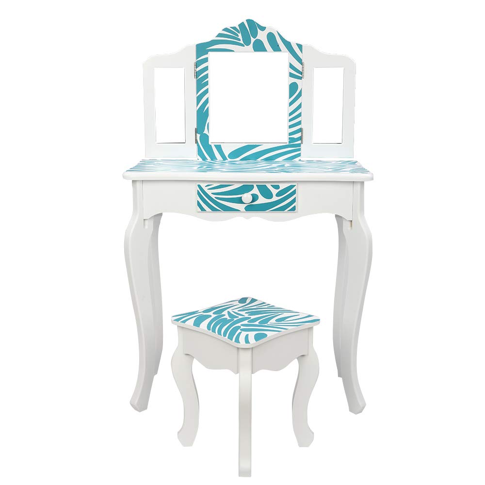 Kcelarec Kids Vanity Table with Mirror & Stool - Blue Princess Makeup Set for Girls Bedroom