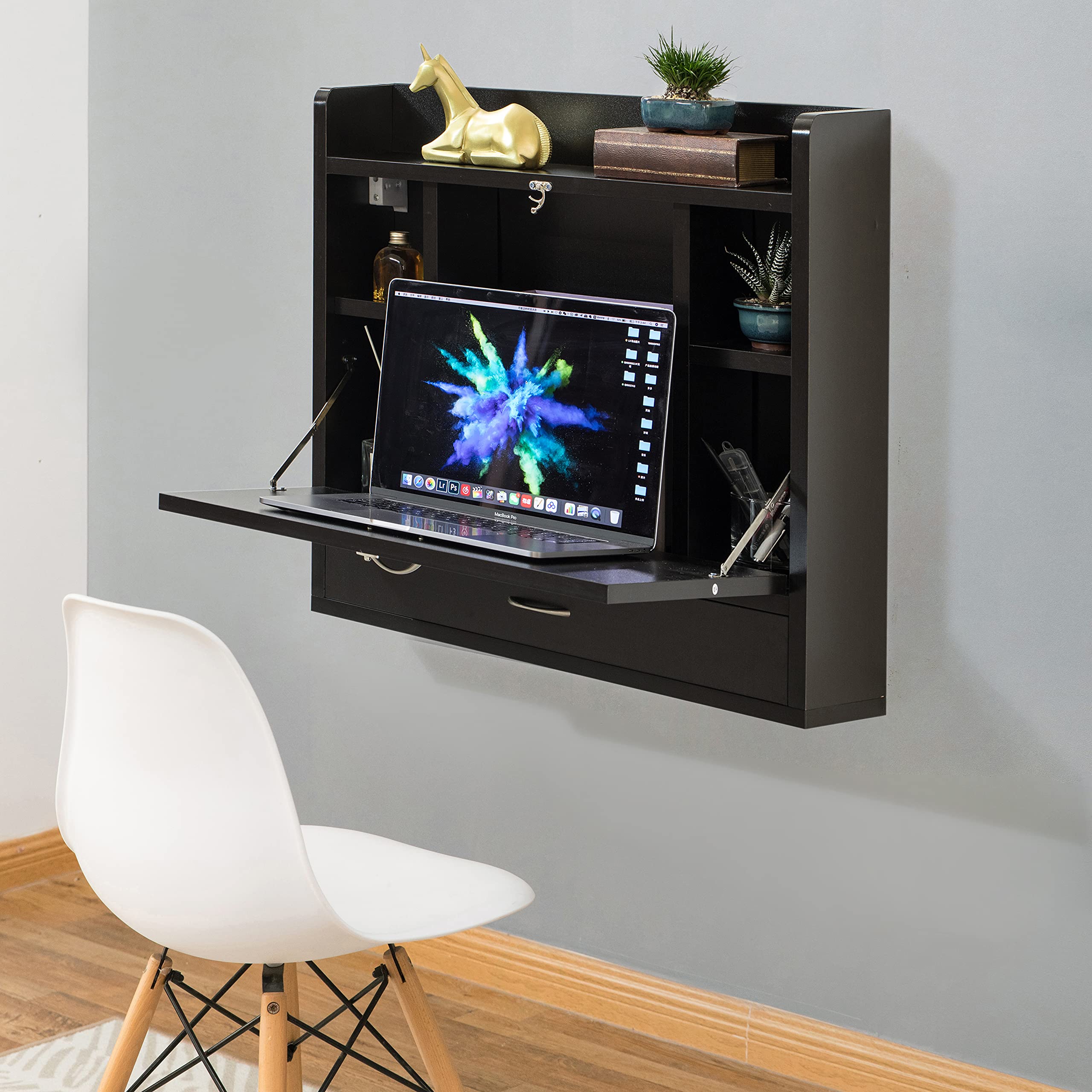 Basicwise Wall Mount Folding Desk - Space Saving Laptop Computer Writing or Makeup Table with Storage Shelves & Drawer, Black - Perfect for Small Apartments, Dorm Rooms & Home Offices
