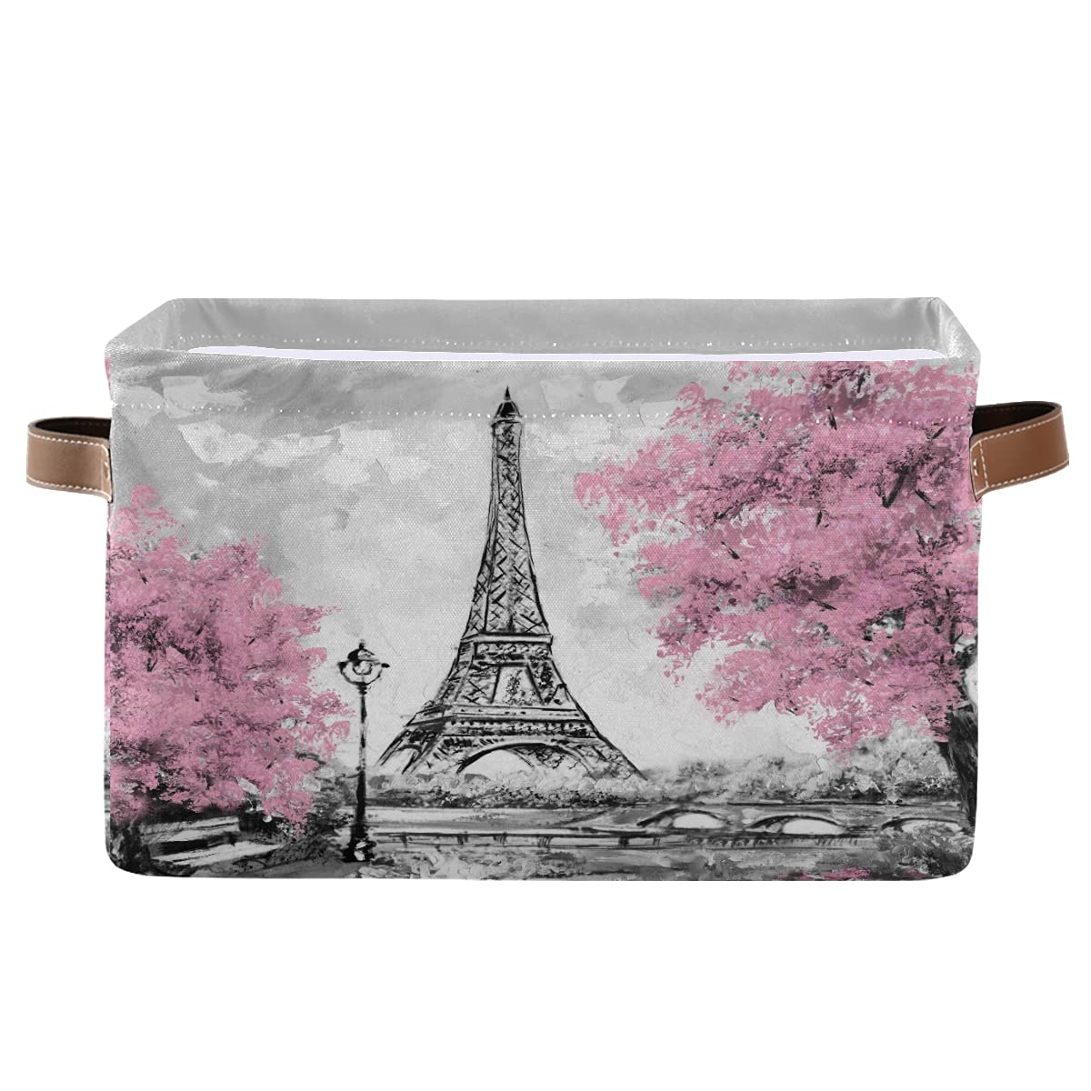 Floral Paris Eiffel Tower Oil Painting Storage Bin - Foldable Canvas Basket with Handle for Bedroom, Office & Closet Organization | Perfect for Clothes, Toys & Home Decor | 1PC