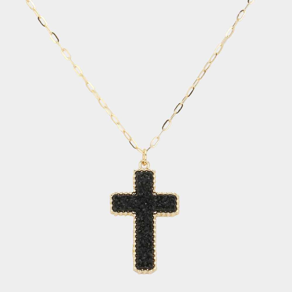 Black Druzy Cross Pendant Necklace for Women - Elegant Gothic Jewelry Gift for Christmas, Birthday & Everyday Wear