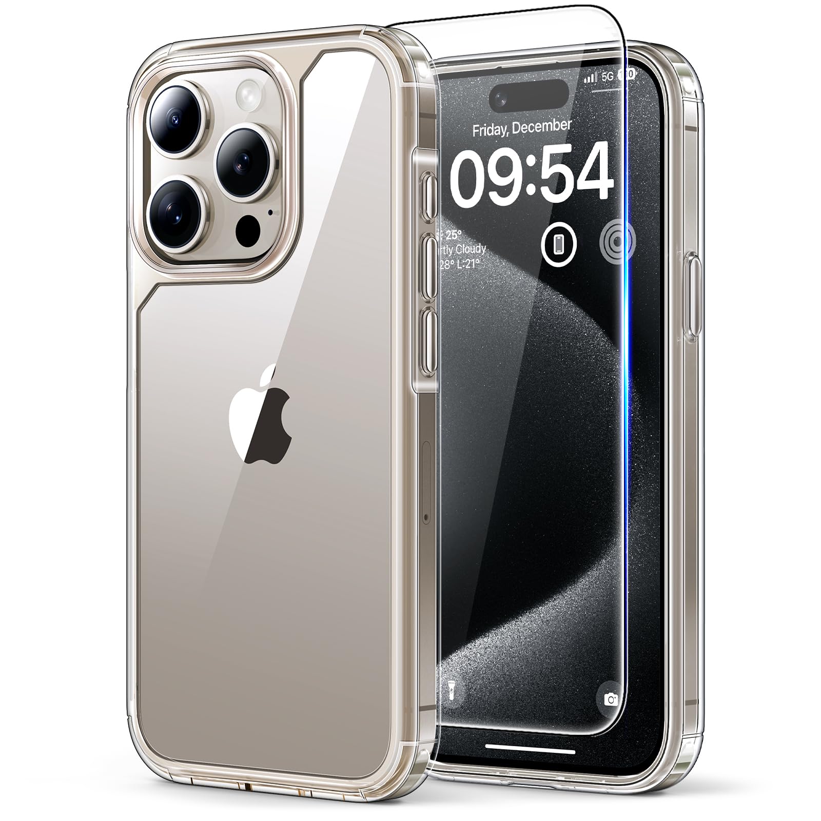 TAURI 3-in-1 Clear iPhone 15 Pro Case (6.1 inch) - Yellowing Resistant, Military-Grade Protection with 2X Tempered Glass Screen Protectors | Slim Shockproof Phone Cover for Everyday Use, Travel & Outdoor Activities