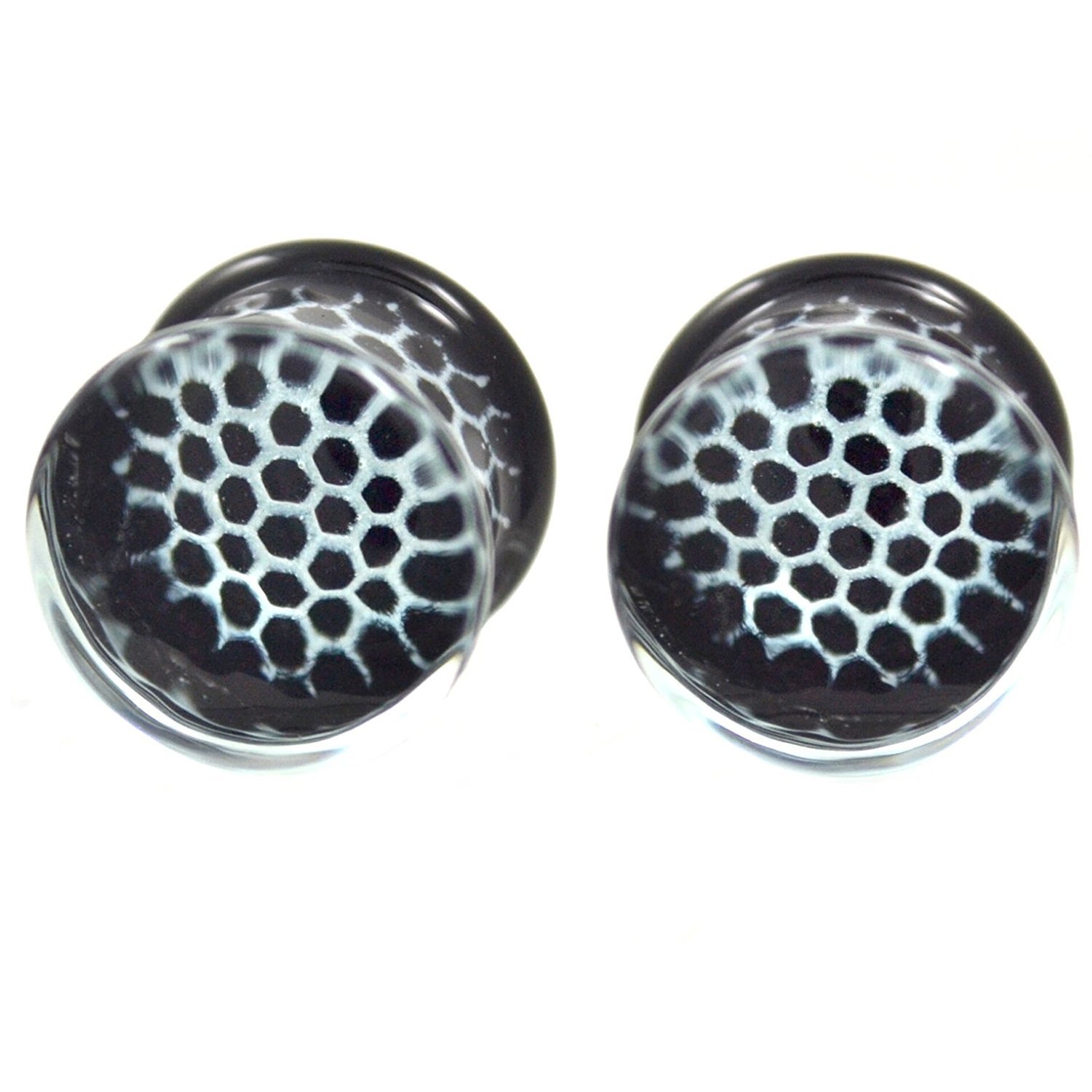 Black Honeycomb Pyrex Glass Double Flared Plugs - Covet Jewelry for Ear Stretching