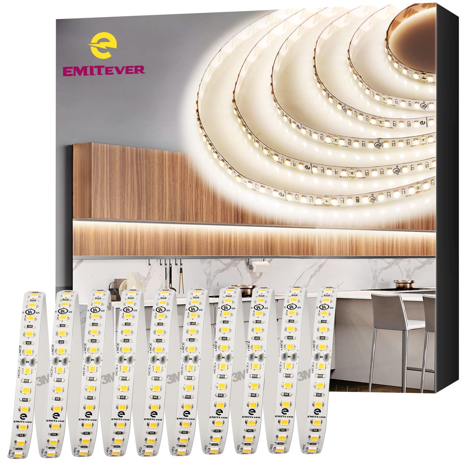 EMITEVER 24V LED Strip Lights 8.2ft, 4000K Neutral White, 300 LEDs, High CRI 95+, 240+ Lumens/ft, IP30 Non-Waterproof, UL Listed with 5-Year Warranty – Perfect for Kitchen Under Cabinet Lighting, Bedroom Accent, and Home Decoration (Power Supply Sold Separately)