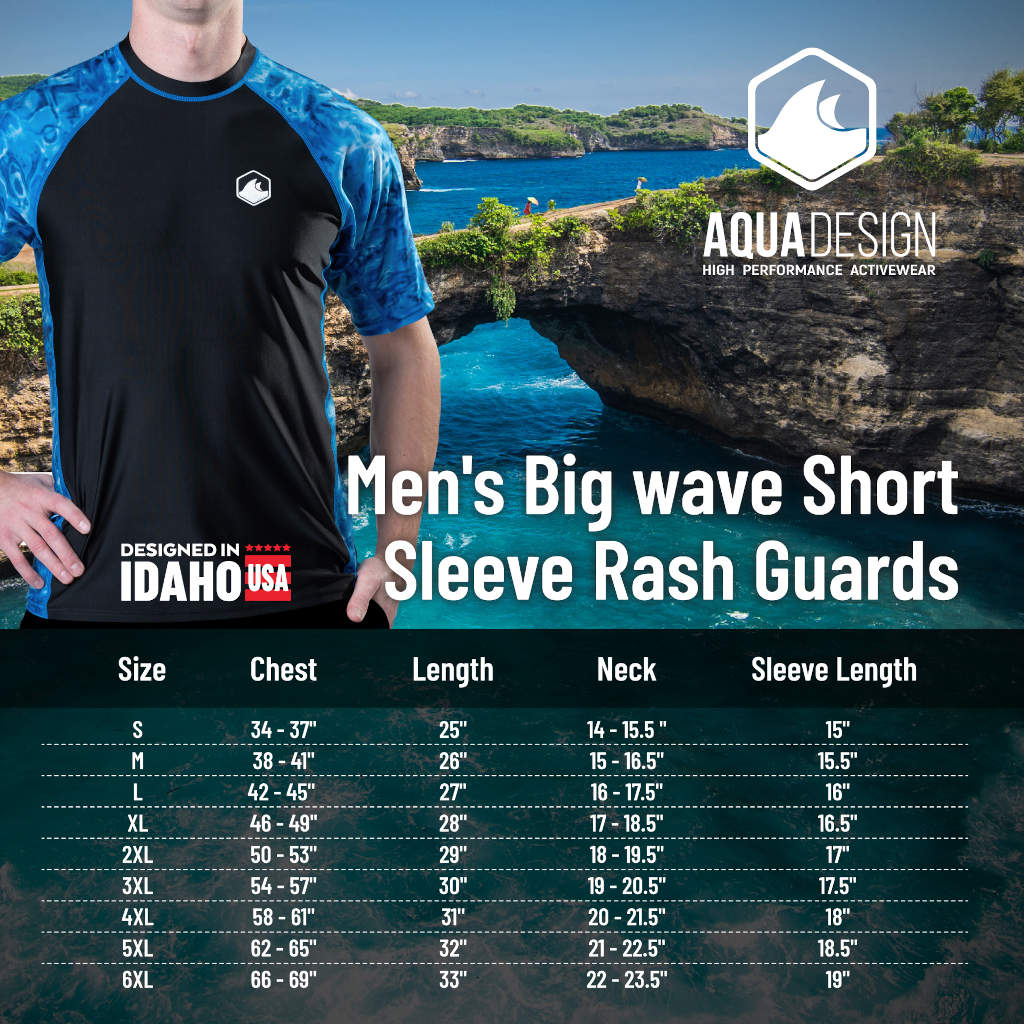 Men's UPF 50+ Short Sleeve Rash Guard Swim Shirt - Quick Dry UV Protection Aqua Design for Surfing, Swimming & Beach Activities