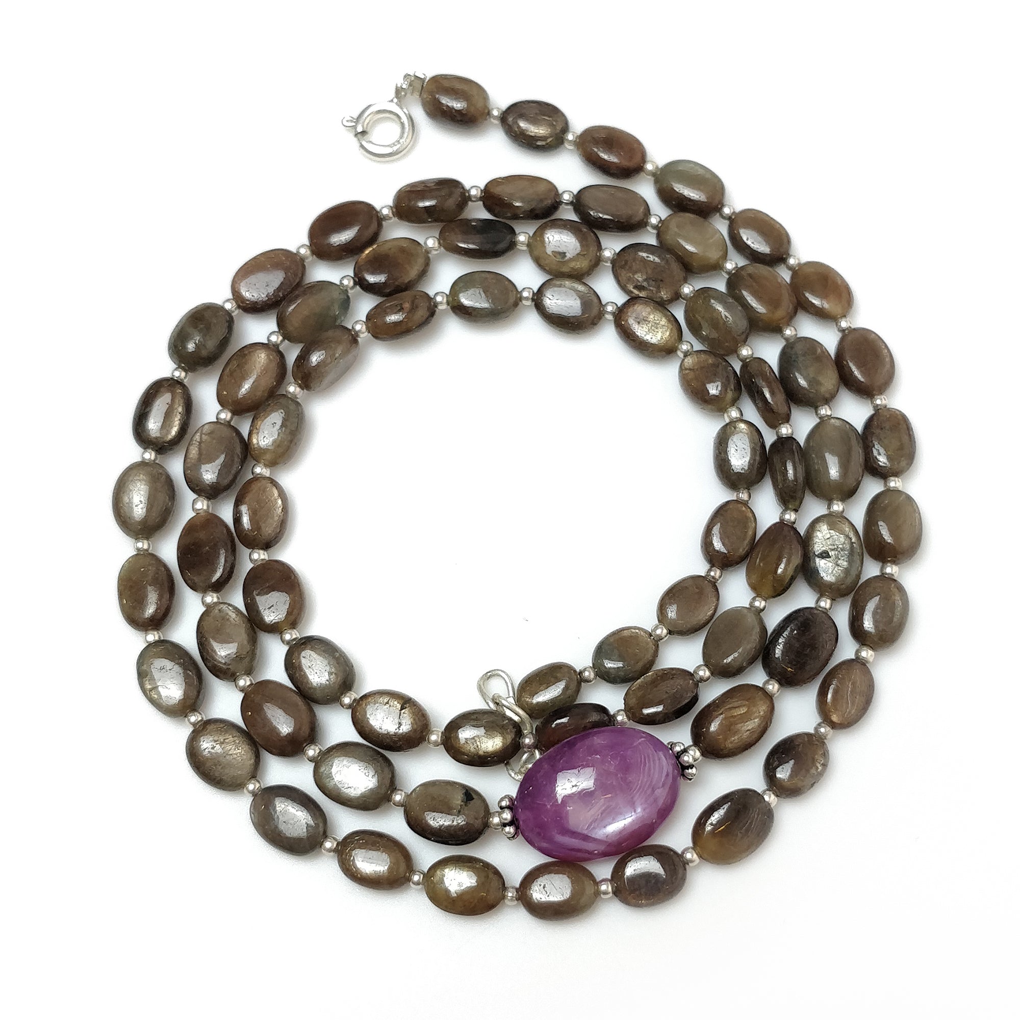 Natural Untreated Chocolate Sapphire & Star Ruby Gemstone Necklace - 131.45cts Oval Cut with 925 Sterling Silver (7x5mm - 15x11mm, 24.5