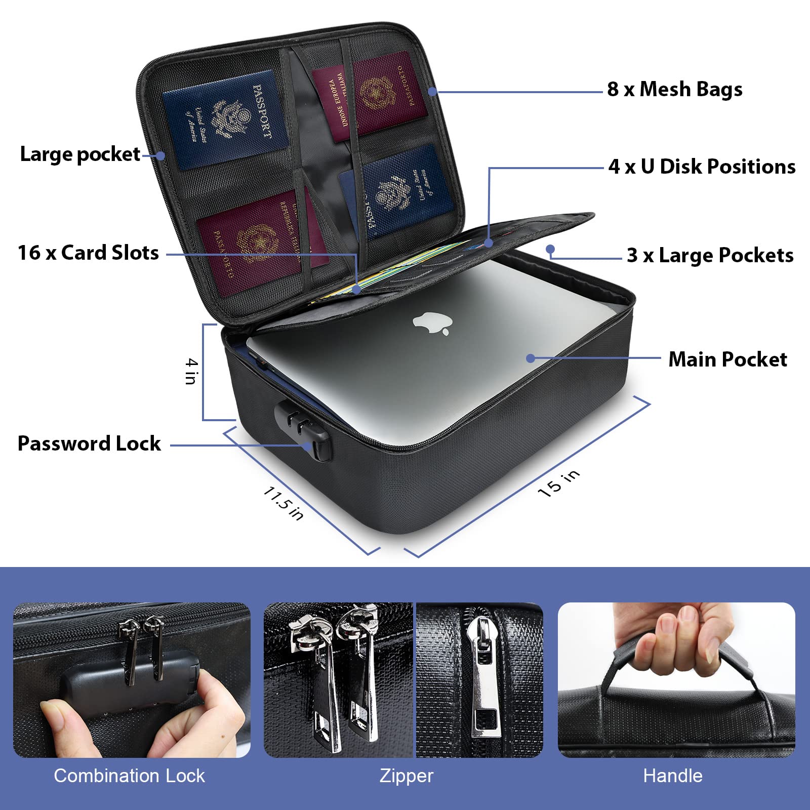 Fireproof Document Organizer Box with Lock - Waterproof & Portable File Storage Bag for Passport, Laptop, Certificates - Secure Home, Office & Travel Use for Important Files & Documents