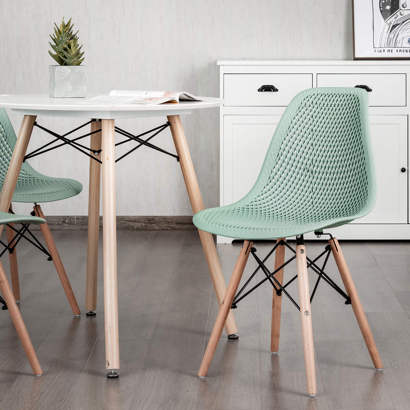 Giantex Set of 4 Modern Dining Chairs - Indoor/Outdoor Shell PP Lounge Side Chairs with Mesh Design & Beech Wood Legs - Tulip Leisure Chairs for Kitchen, Dining Room, Patio, Garden - Green