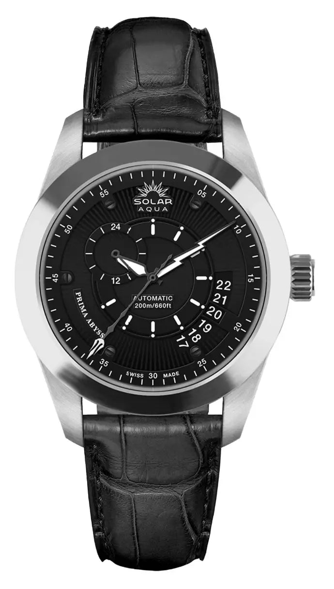 SOLAR AQUA Prima Abyss Leather Deep Black 42mm Black Dial Men's Watch SA0010 0021 - Waterproof Luxury Watch for Business, Casual & Outdoor Activities