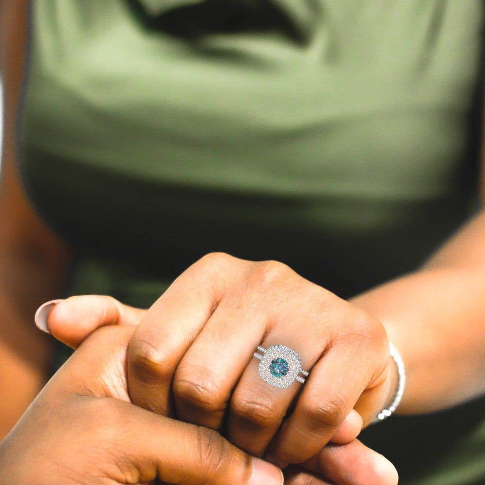 2.0ct Round Cut Halo Blue Moissanite Engagement Ring - 14k White & Rose Gold Wedding Band Set | Anniversary, Promise & Bridal Jewelry for Women | Perfect for Proposals, Weddings & Special Occasions