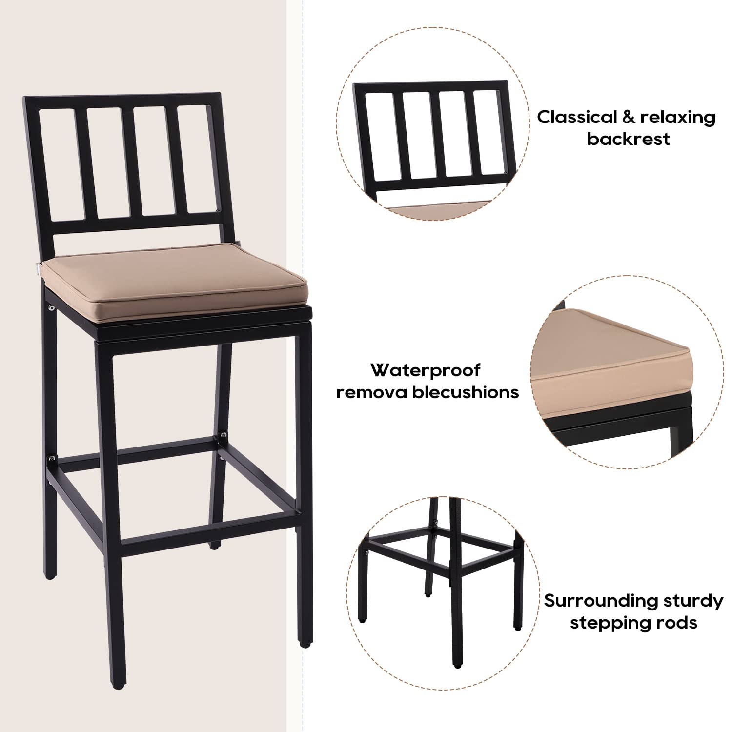 3-Piece Metal Outdoor Bar Set with Table & Stools - Black Patio Bar Furniture for Backyard, Porch, Balcony - Includes 47
