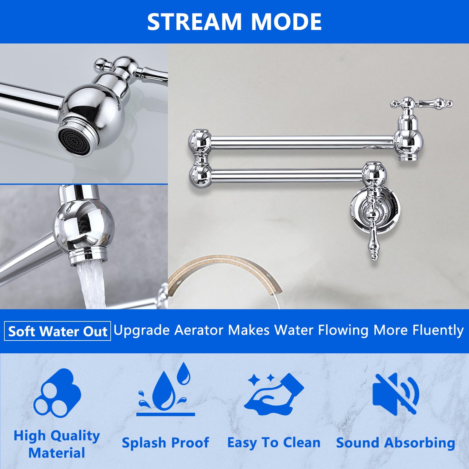 Wall Mounted Brass Pot Filler Faucet - Folding Stretchable Swing Arm with Dual Handles for Kitchen & Restaurant (Chrome Finish) | Perfect for Filling Large Pots, Stockpots & Cooking Vessels