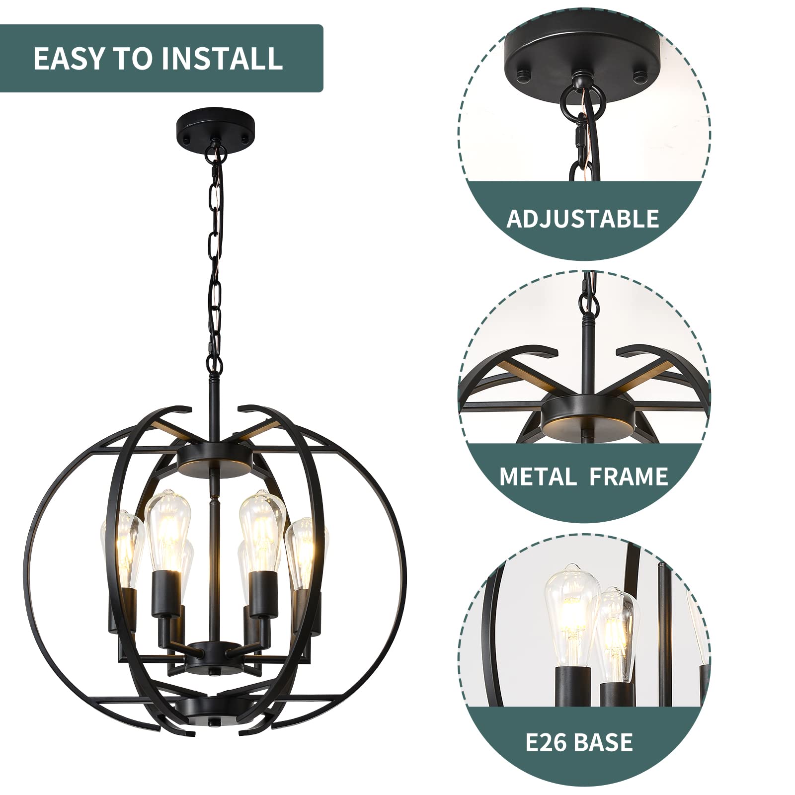 Black Globe Pendant Light Chandelier - Adjustable Hanging 6-Light Fixture for Kitchen, Dining Room, Living Room & Bedroom | Modern Ceiling Lighting for Hallways & Home Decor