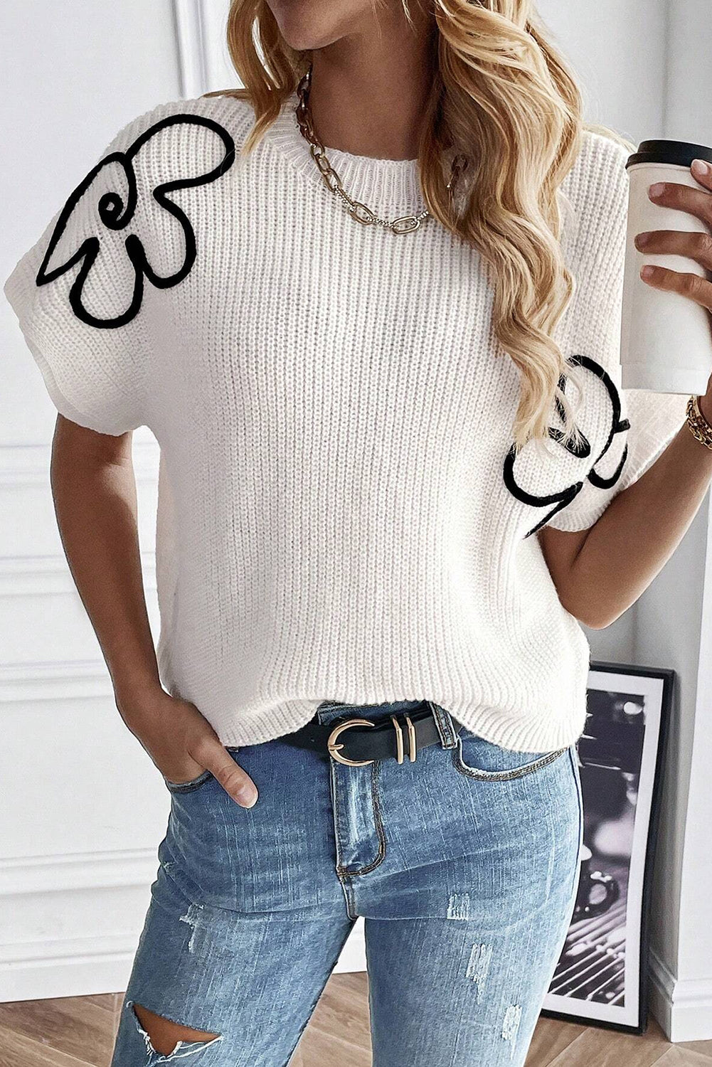 Floral Embroidered Short Sleeve Knit Sweater for Women - Spring & Summer Casual Wear, Office Outfits, and Date Night Fashion